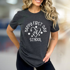 "Happy First Day of School" Heart Graphic Tee, a Back-to-School Pick for Educators & Parents
