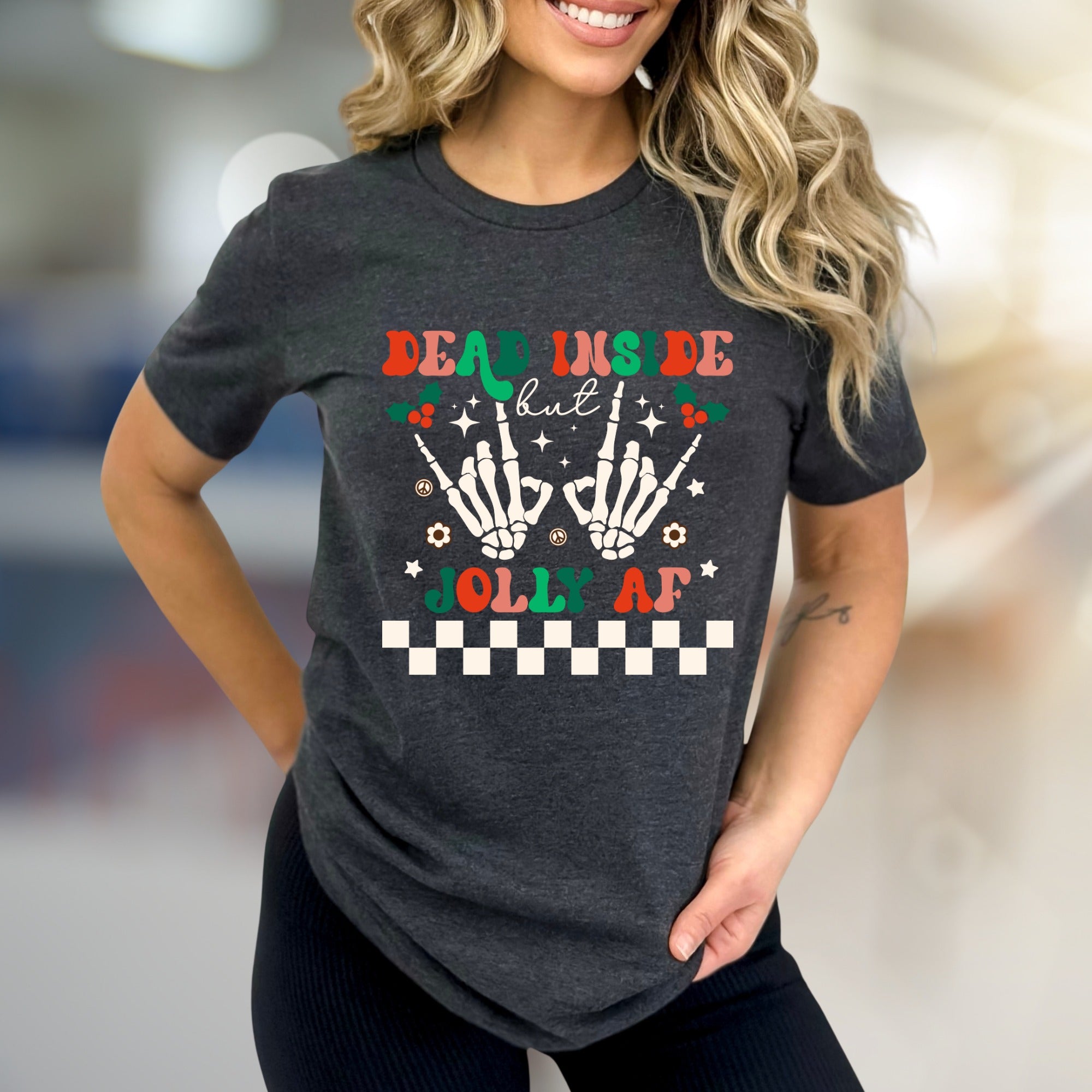 "Dead Inside But Jolly AF" Christmas Skeleton Graphic Tee, A Humorous Holiday Pick for Festive Vibes