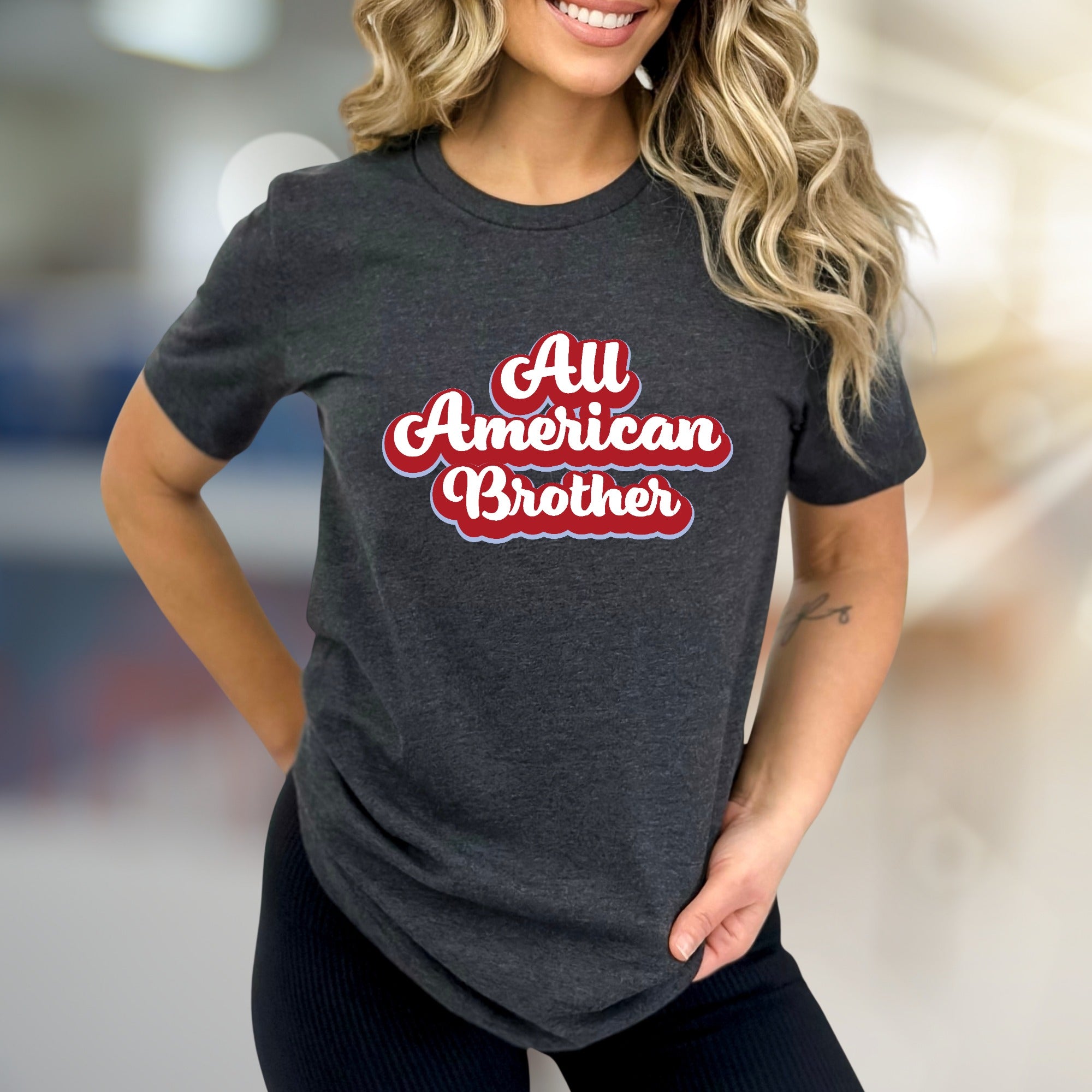 "All American Brother" Retro Script Graphic Tee, a Patriotic Pick for Family