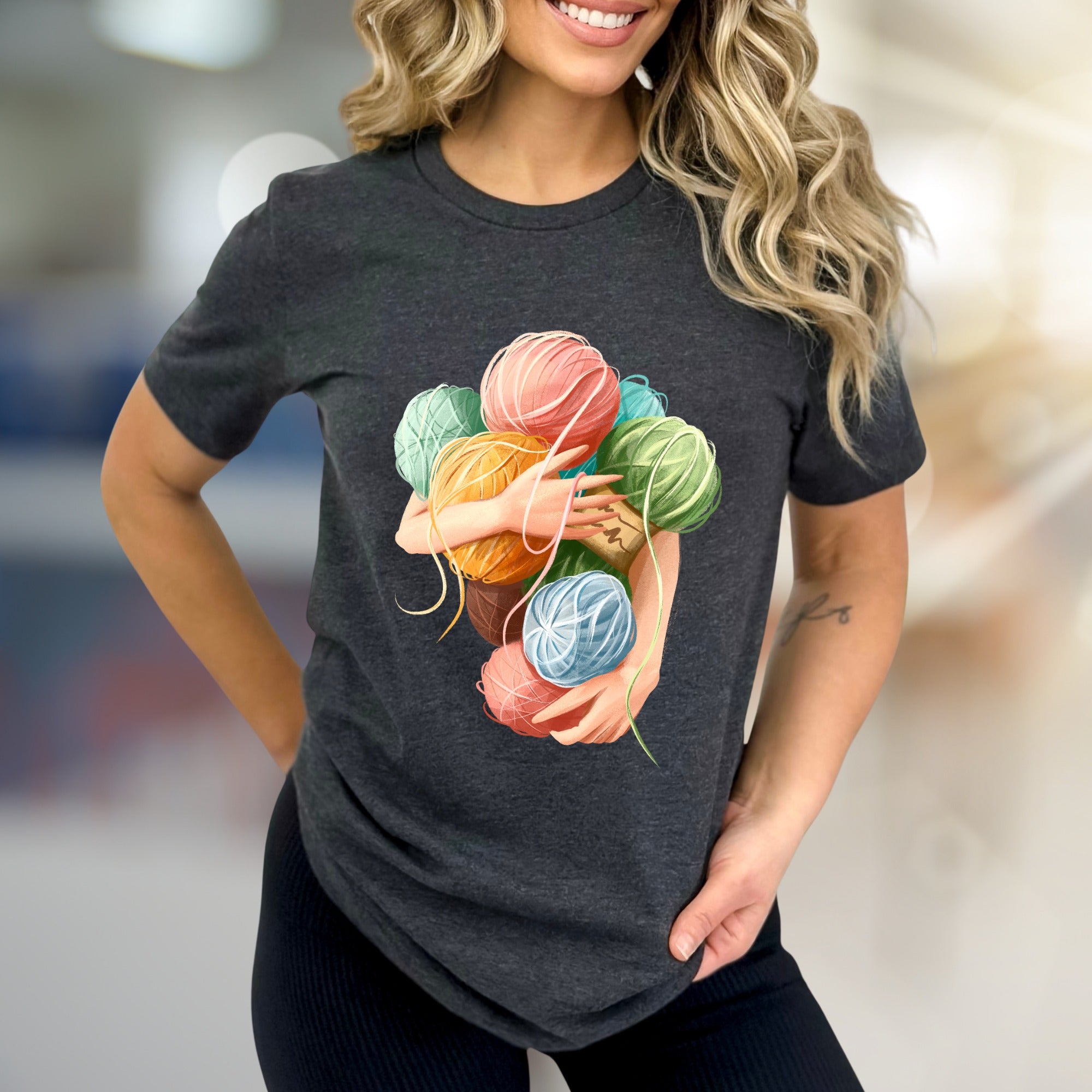 Hugging Yarn Balls Graphic Tee, A Crafty Pick for Makers