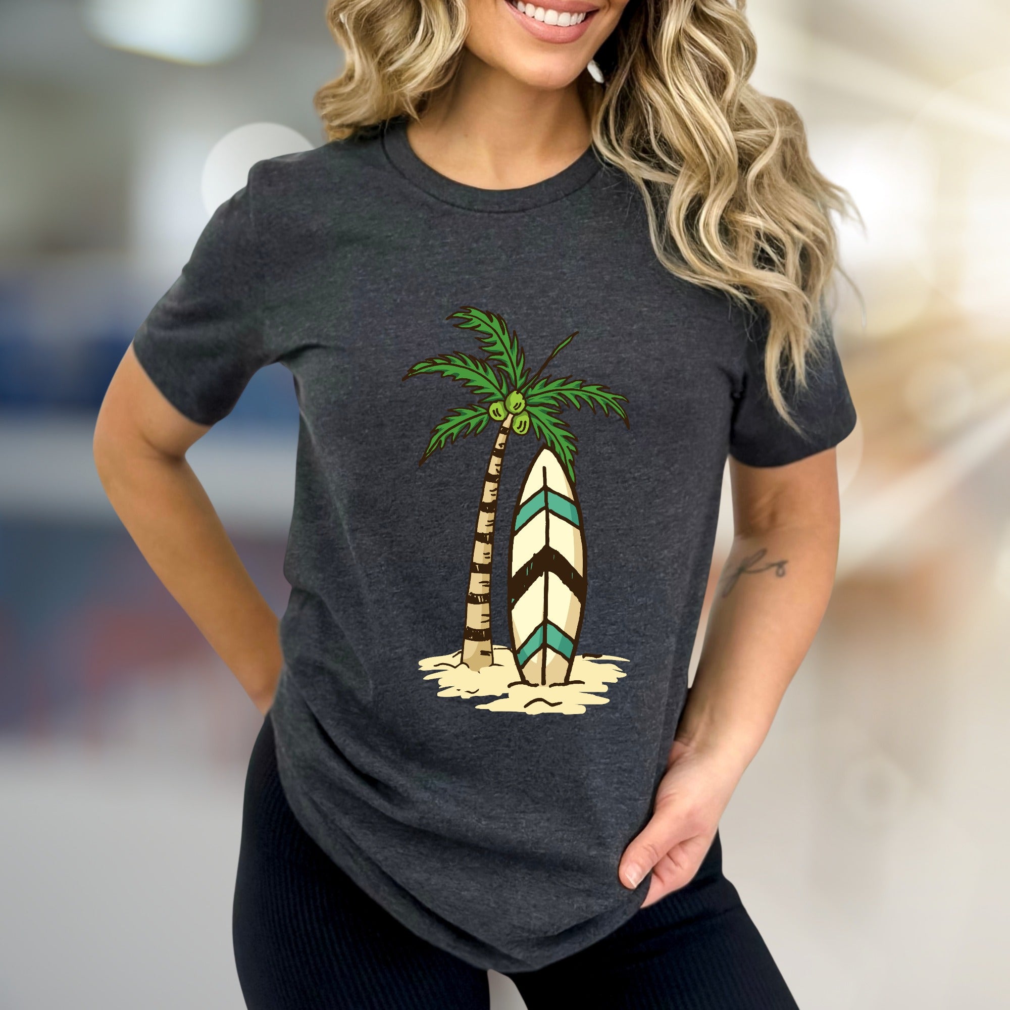 Palm Tree Surfboard Island Zen Graphic Tee, A Tropical Escape for Beach Lovers
