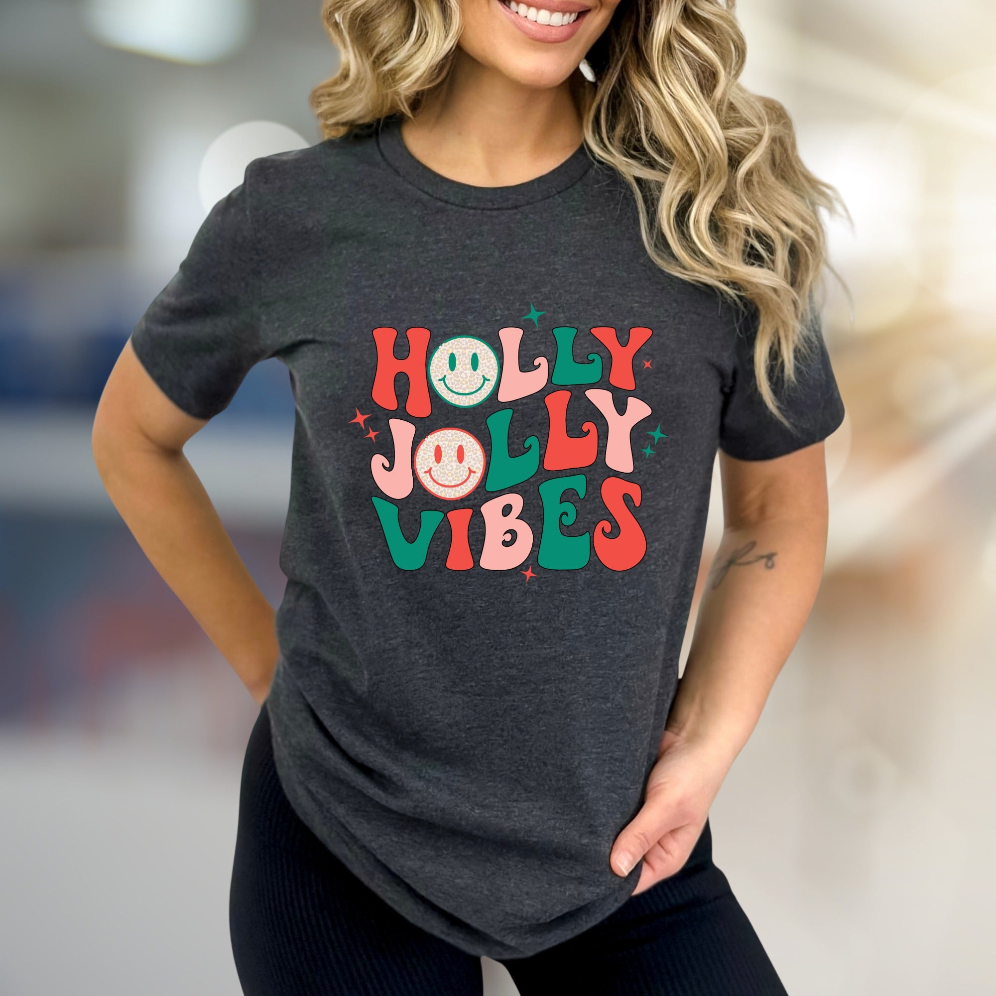 "Holly Jolly Vibes" Retro Christmas Graphic Tee, a Festive Pick for Holiday Enthusiasts