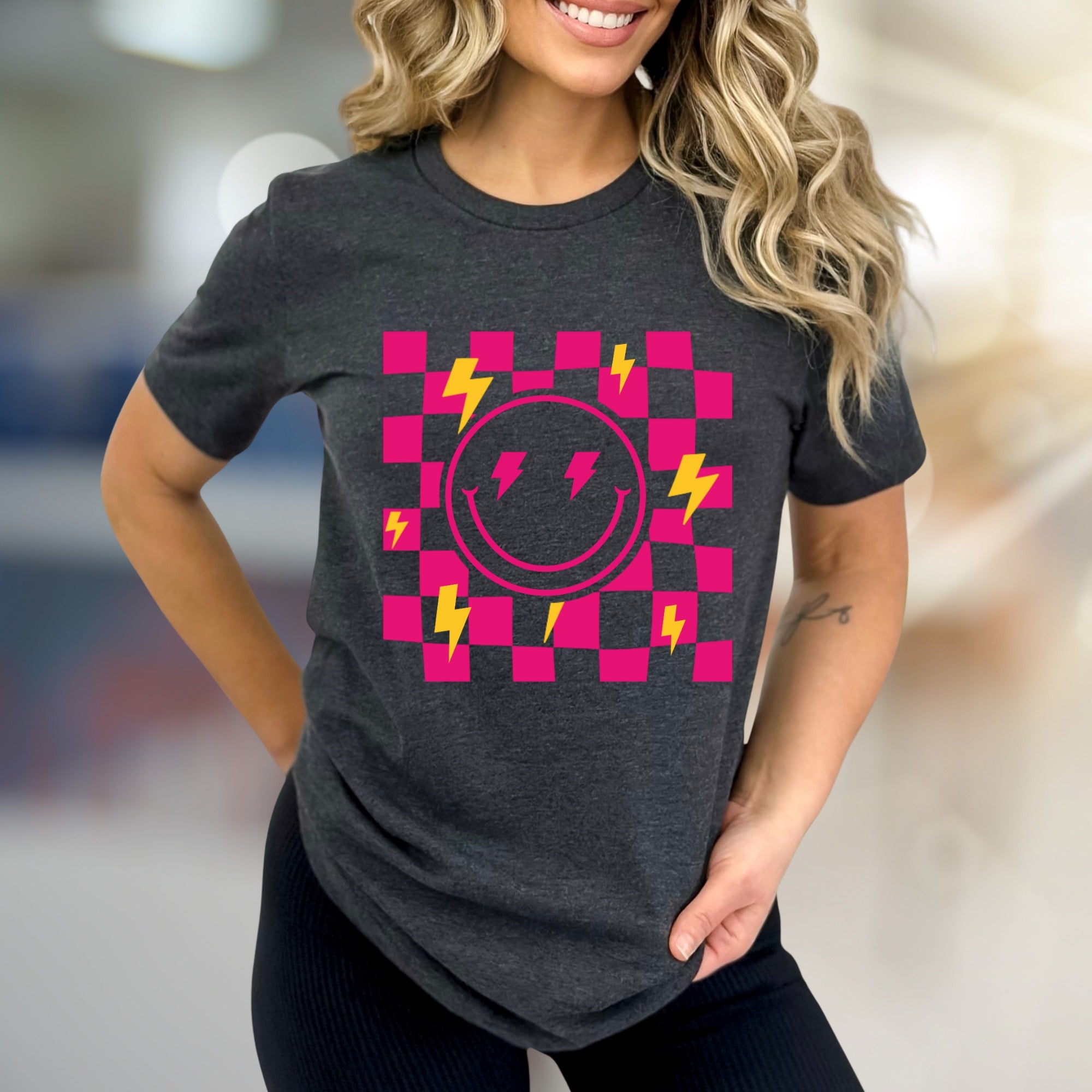 Neon Checkerboard Lightning Smiley Face Graphic Tee, a Bold Y2K Pick for Trendsetters