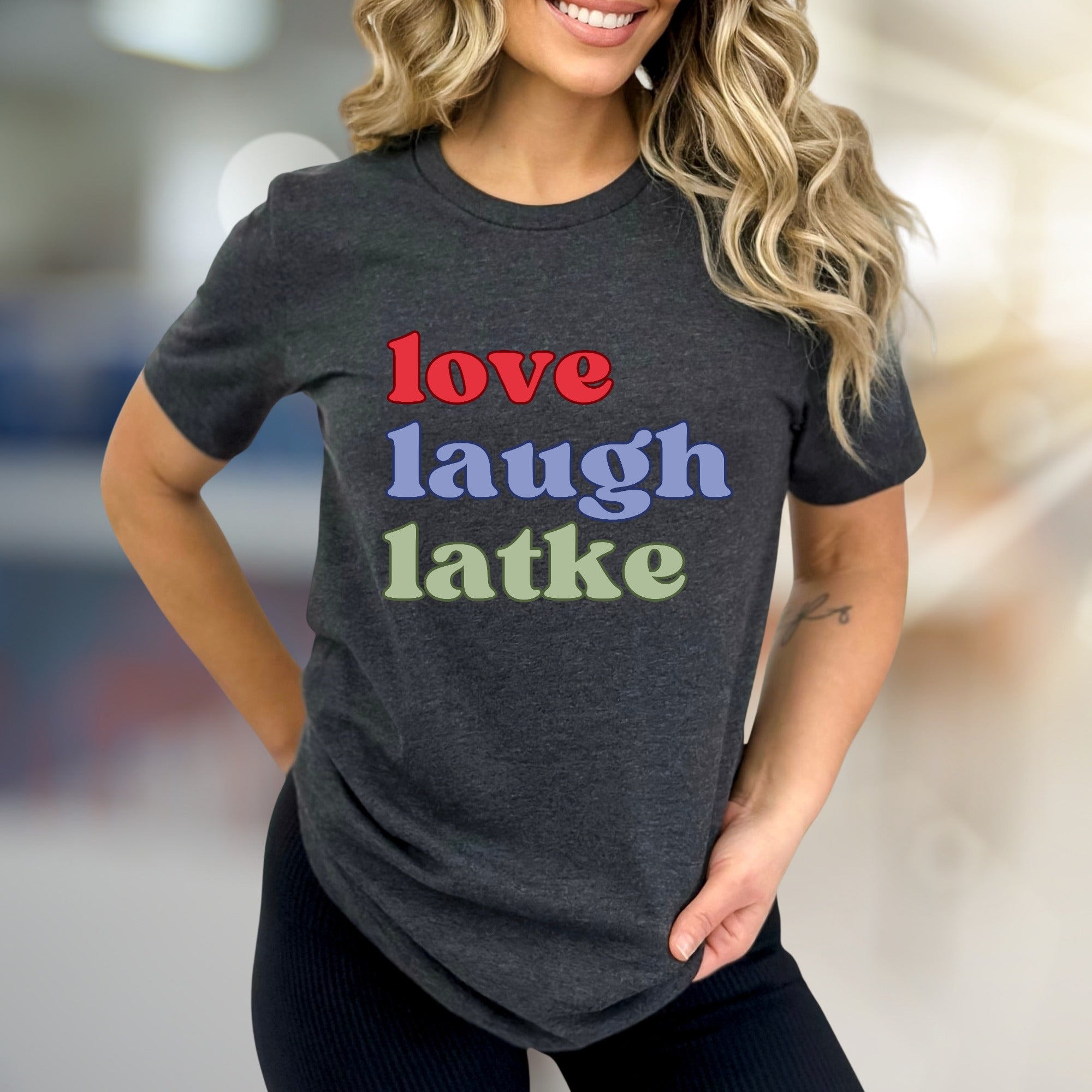 "love laugh latke" Whimsical Foodie Graphic Tee, a Humorous Pick for Latke Lovers