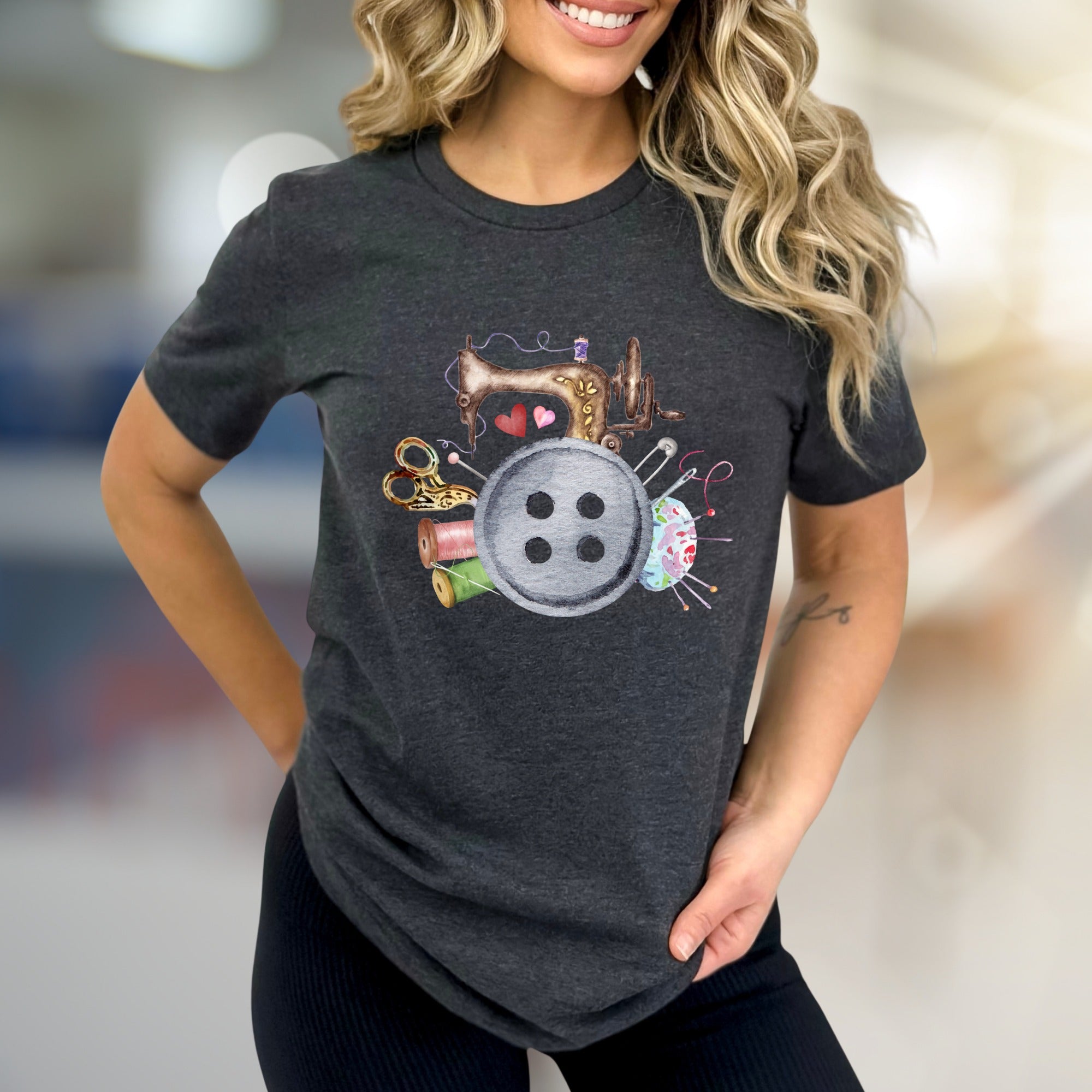 Sewing Machine & Crafty Button Graphic Tee, a Hobbyist's Style Pick for Creators