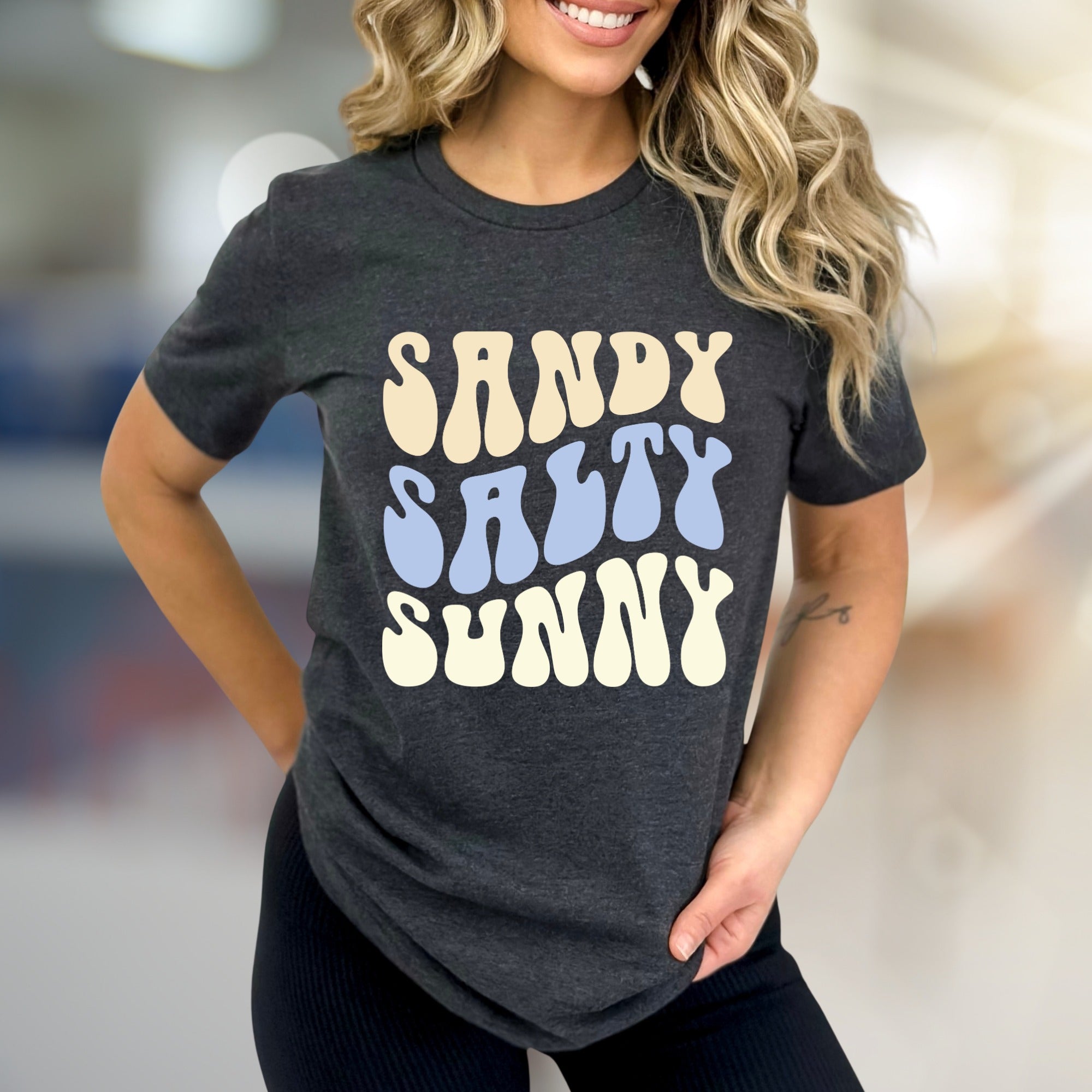 "Sandy Salty Sunny" Retro Summer Graphic Tee, a Beach Lover's Relaxed Pick