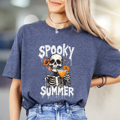"Spooky Summer" Skeleton Cocktail Graphic Tee, a Gothic Beach Pick for Dark Humor Enthusiasts