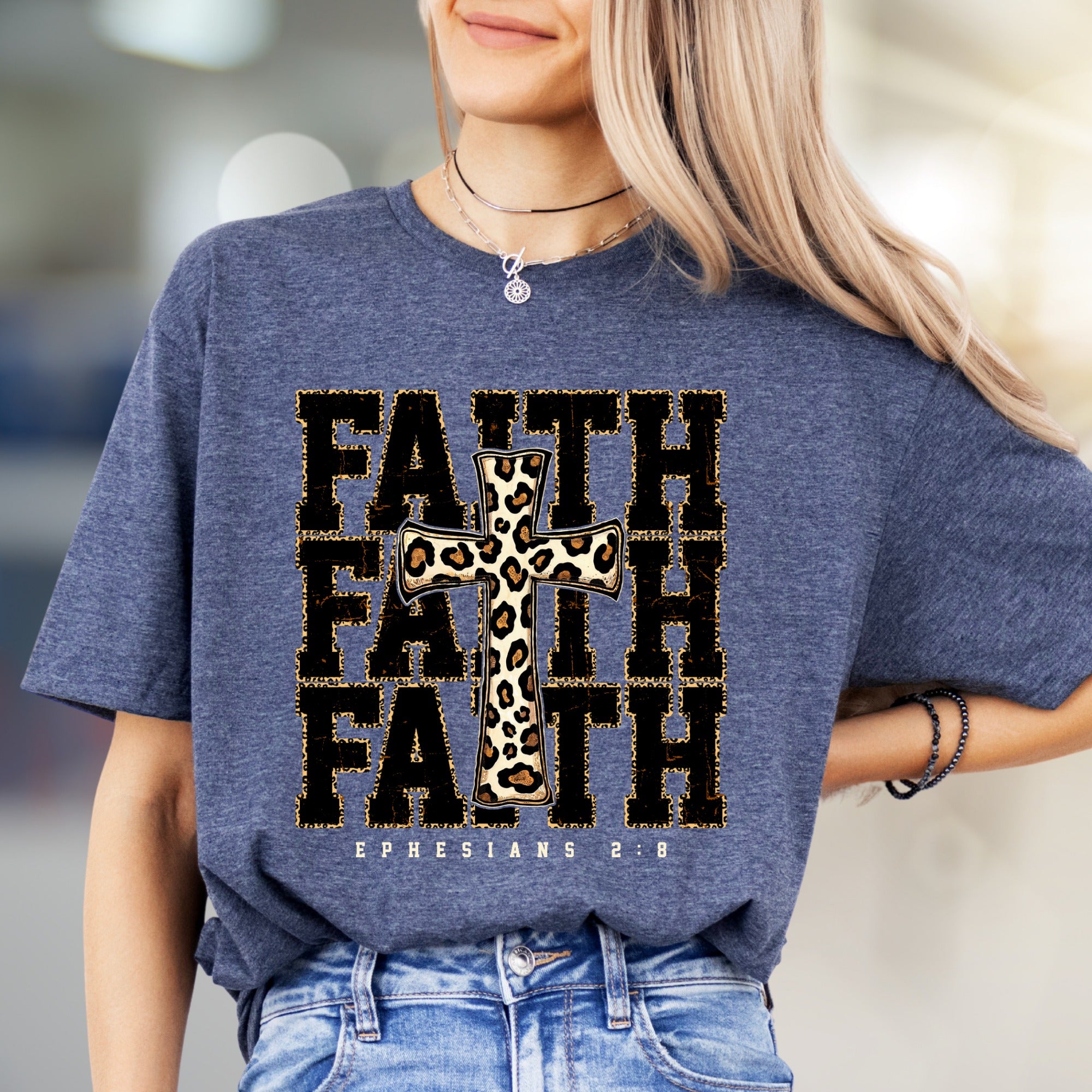 "Faith Ephesians 2:8" Leopard Print Cross Graphic Tee, a Spiritual Boho Pick for Believers