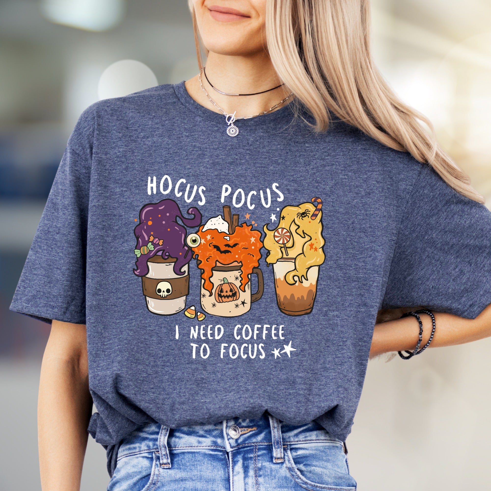 "Hocus Pocus I Need Coffee to Focus" Halloween Coffee Graphic Tee, a Spooky Funny Pick for Caffeine Lovers