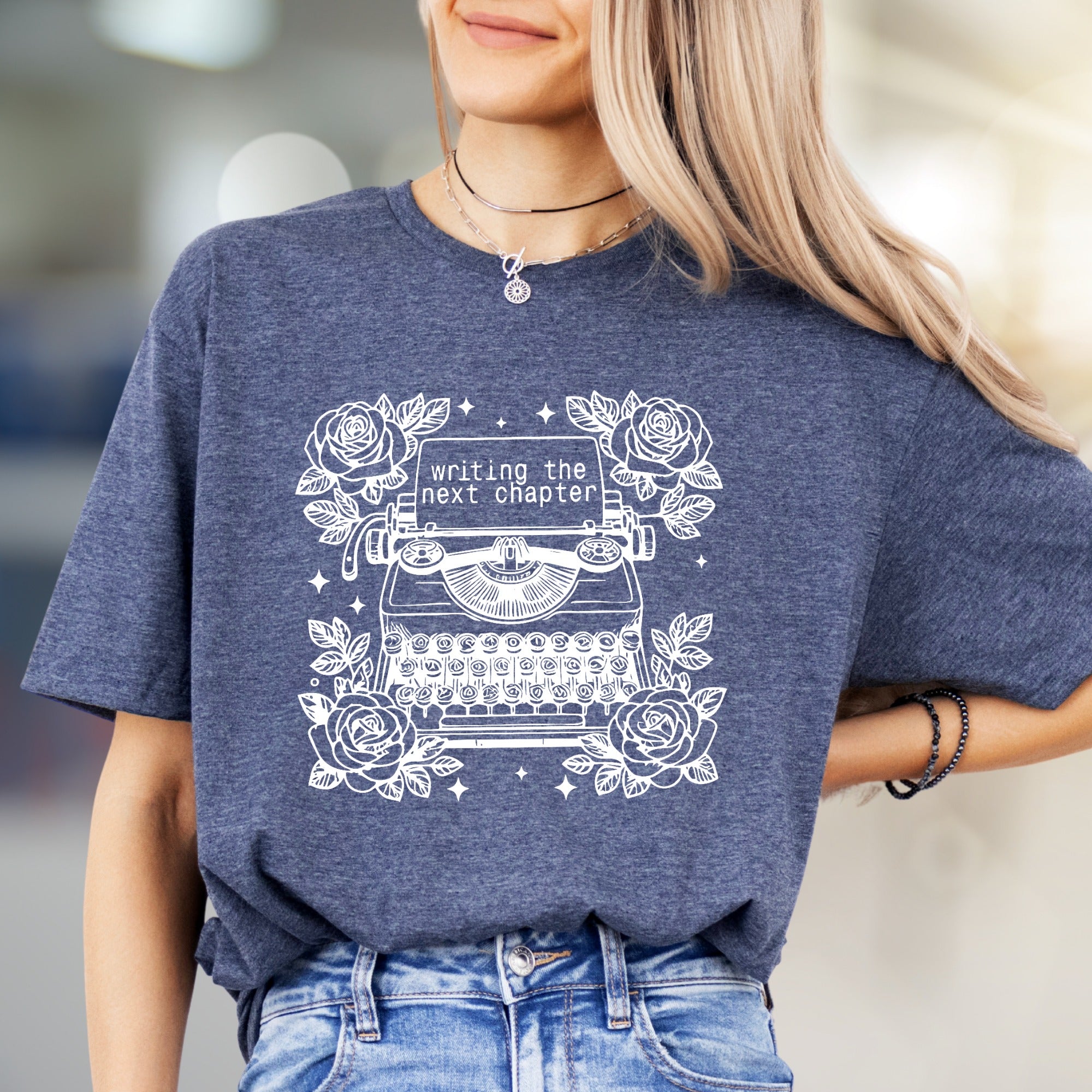 "Writing The Next Chapter" Typewriter Graphic Tee, a Creative Literary Pick for Authors