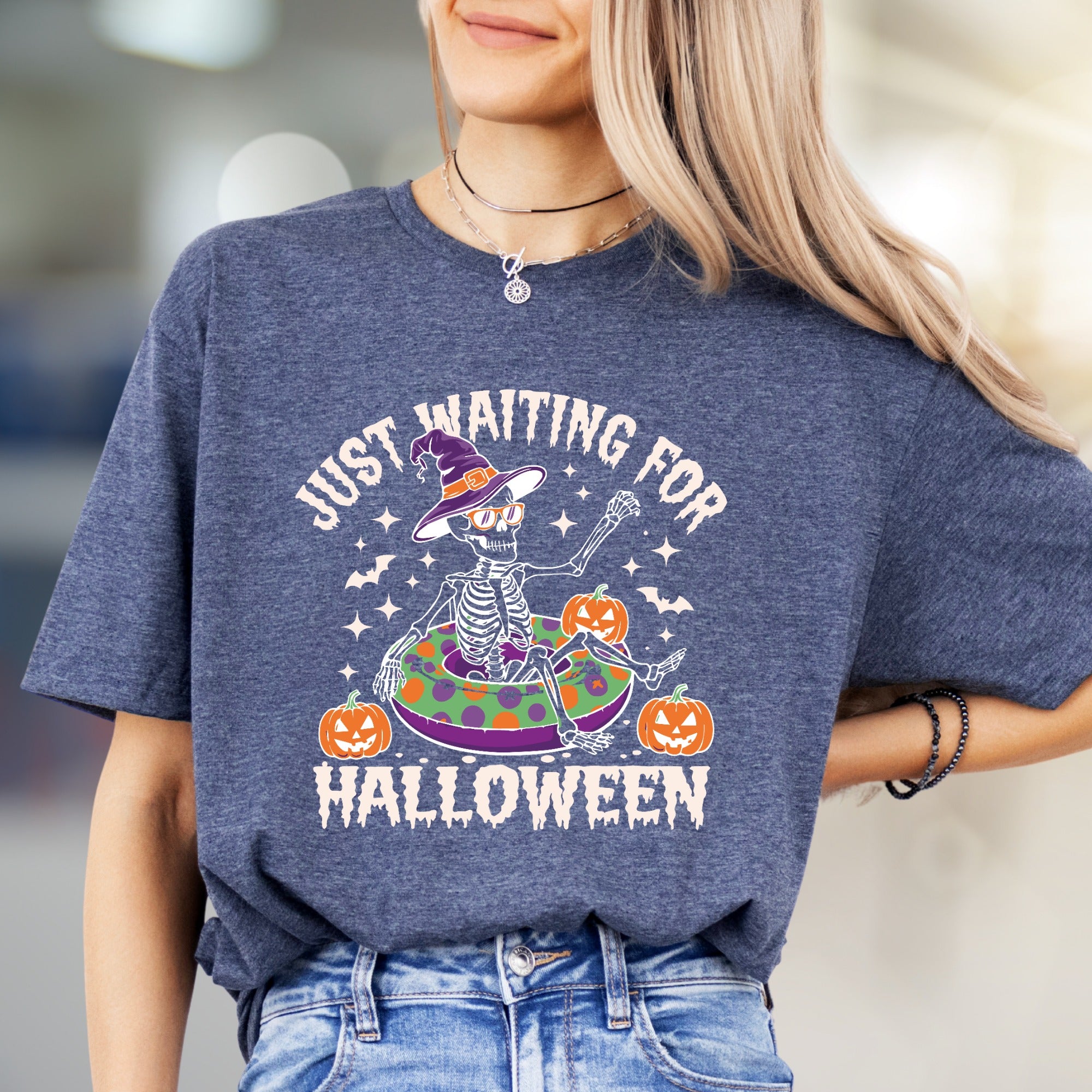 "JUST WAITING FOR HALLOWEEN" Spooky Skeleton Graphic Tee, a Funny Holiday Pick for Spooky Season Lovers