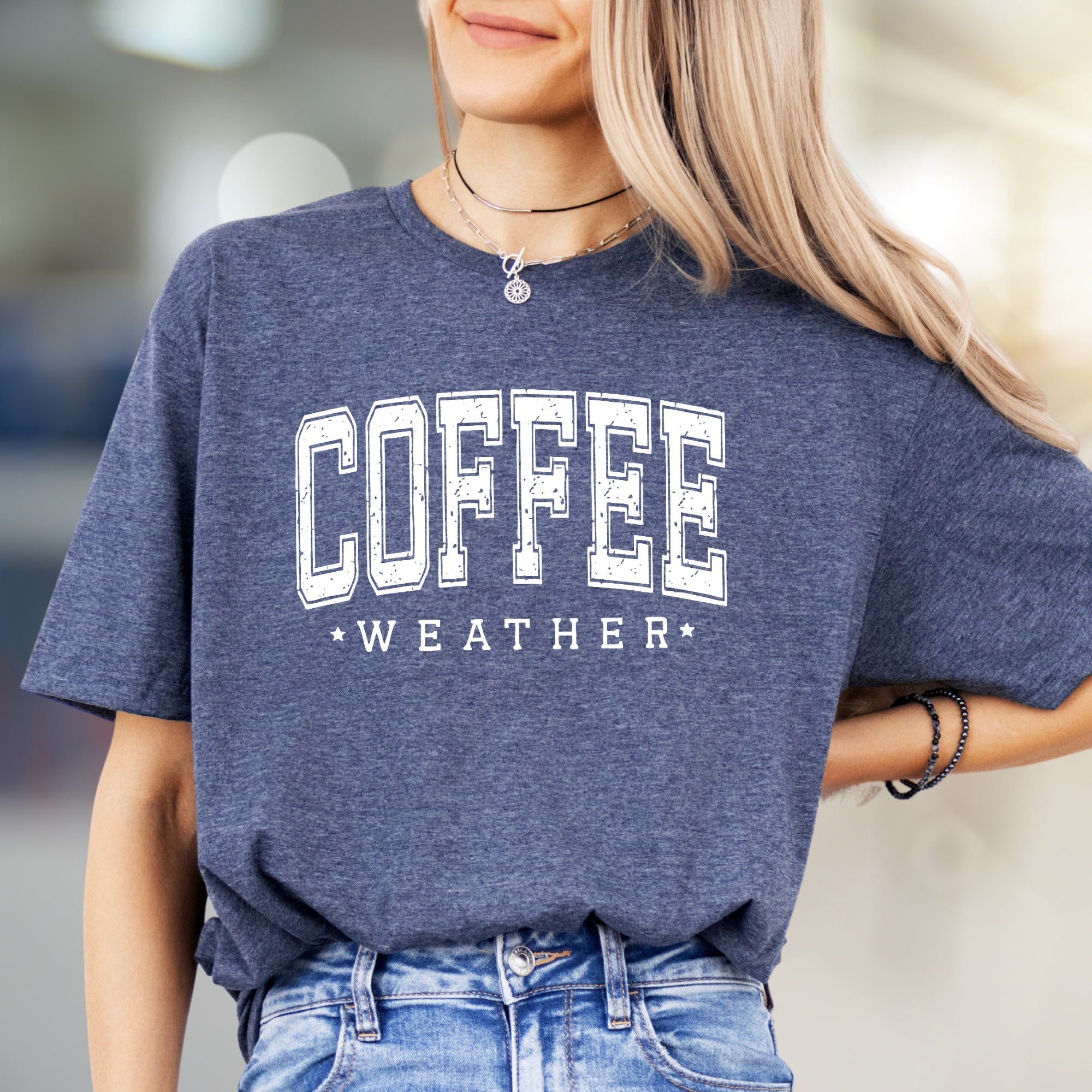 "Coffee Weather" Rustic Collegiate Graphic Tee, a Cozy Pick for Beverage Lovers
