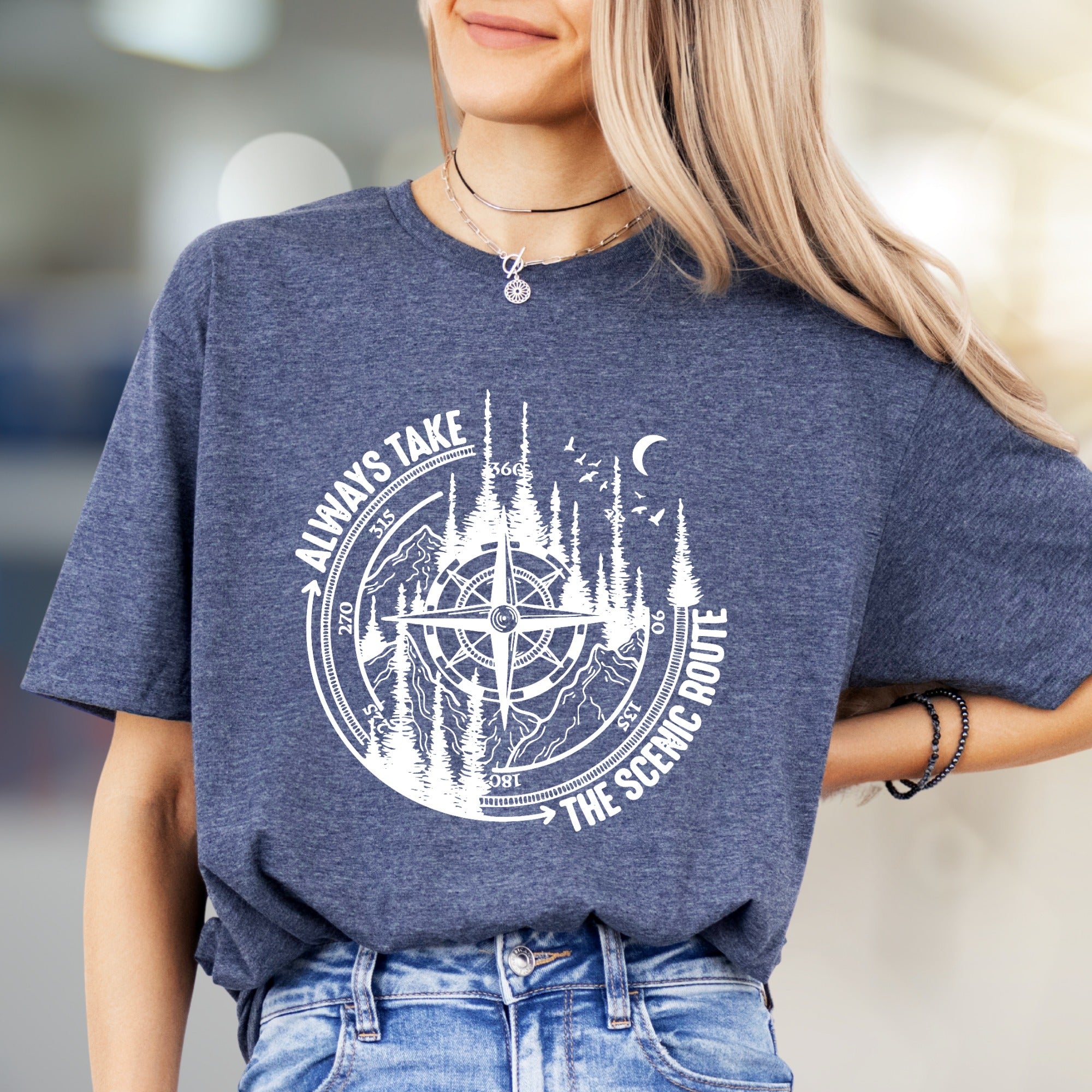 "Always Take The Scenic Route" Wilderness Compass Graphic Tee, an Adventure Enthusiast Pick for Outdoor Lovers