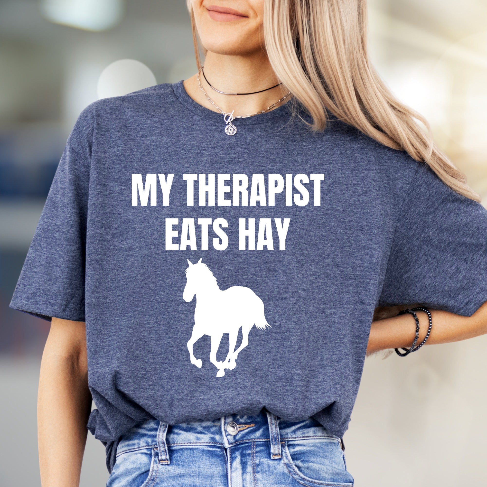 "My Therapist Eats Hay" Horse Graphic Tee, a Funny Equestrian Pick for Horse Lovers