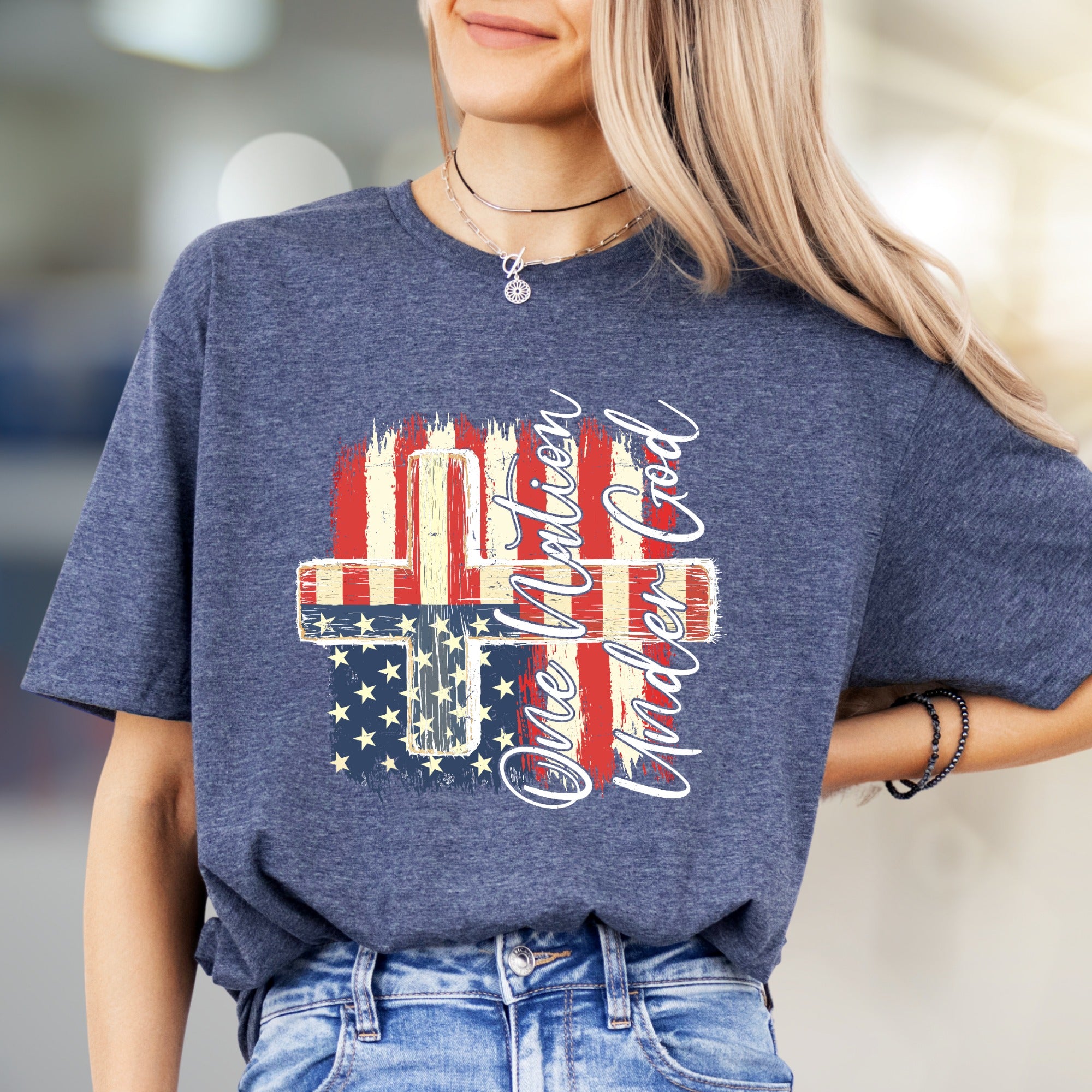 "One Nation Under God" Distressed Flag Cross Tee, a Patriotic Faith Statement
