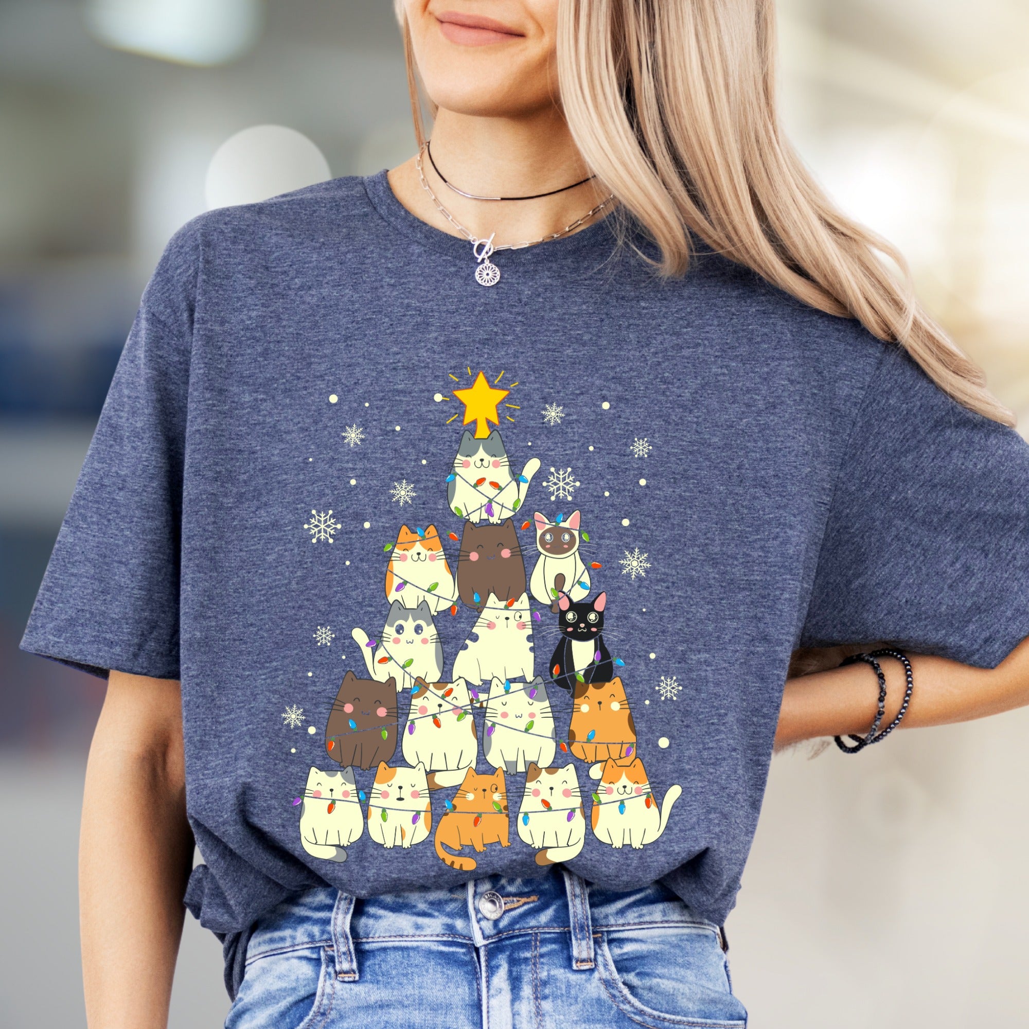 Charming Cat Christmas Tree Graphic Tee, A Cozy Holiday Pick for Pet Lovers