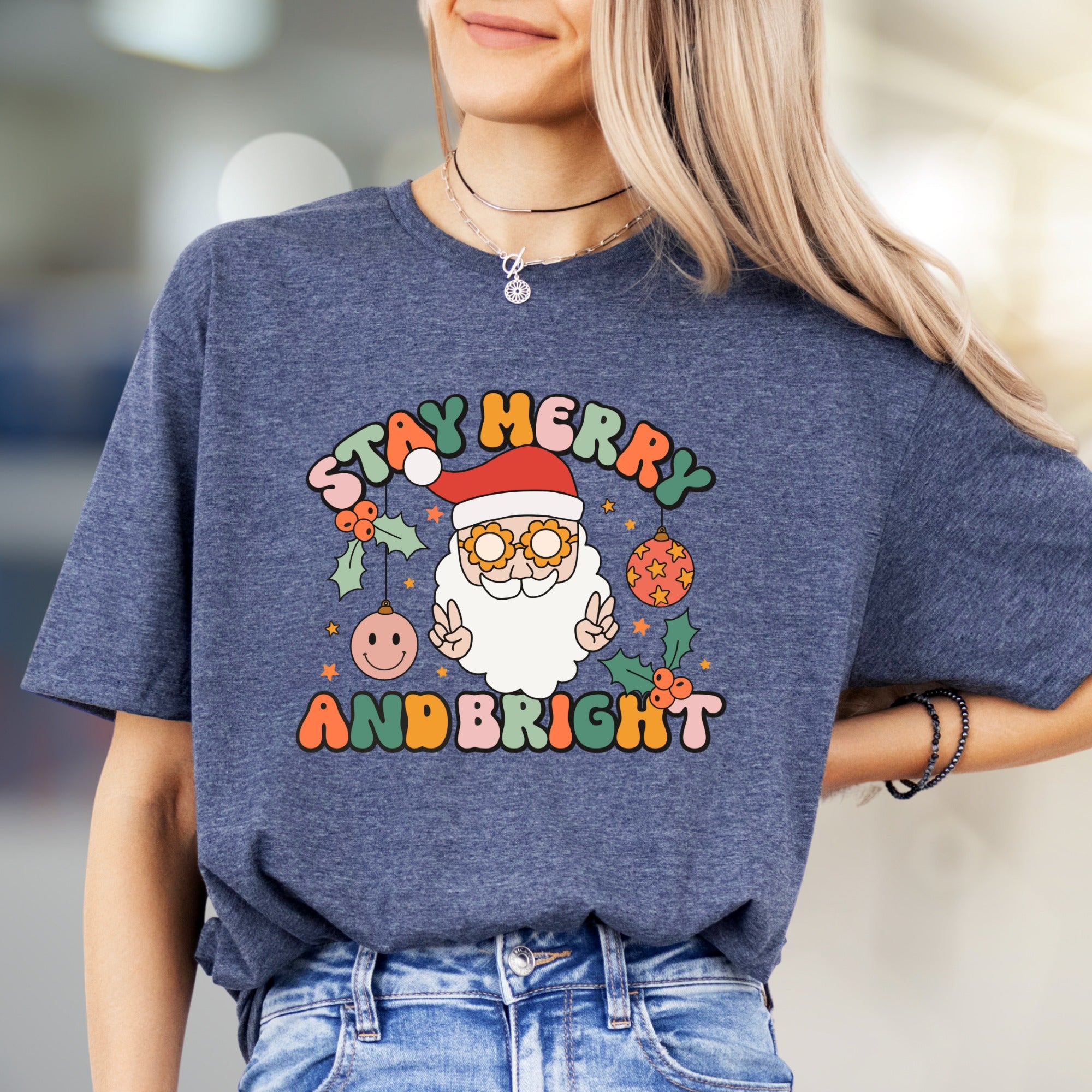 Stay Merry And Bright Santa Graphic Tee, A Retro Christmas Pick for Holiday Lovers