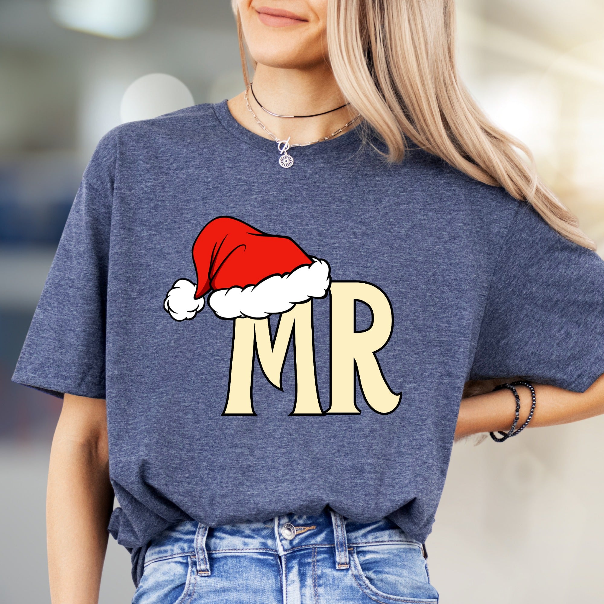 "MR" Santa Hat Graphic Tee, a Festive Couple's Pick for Holiday Lovers