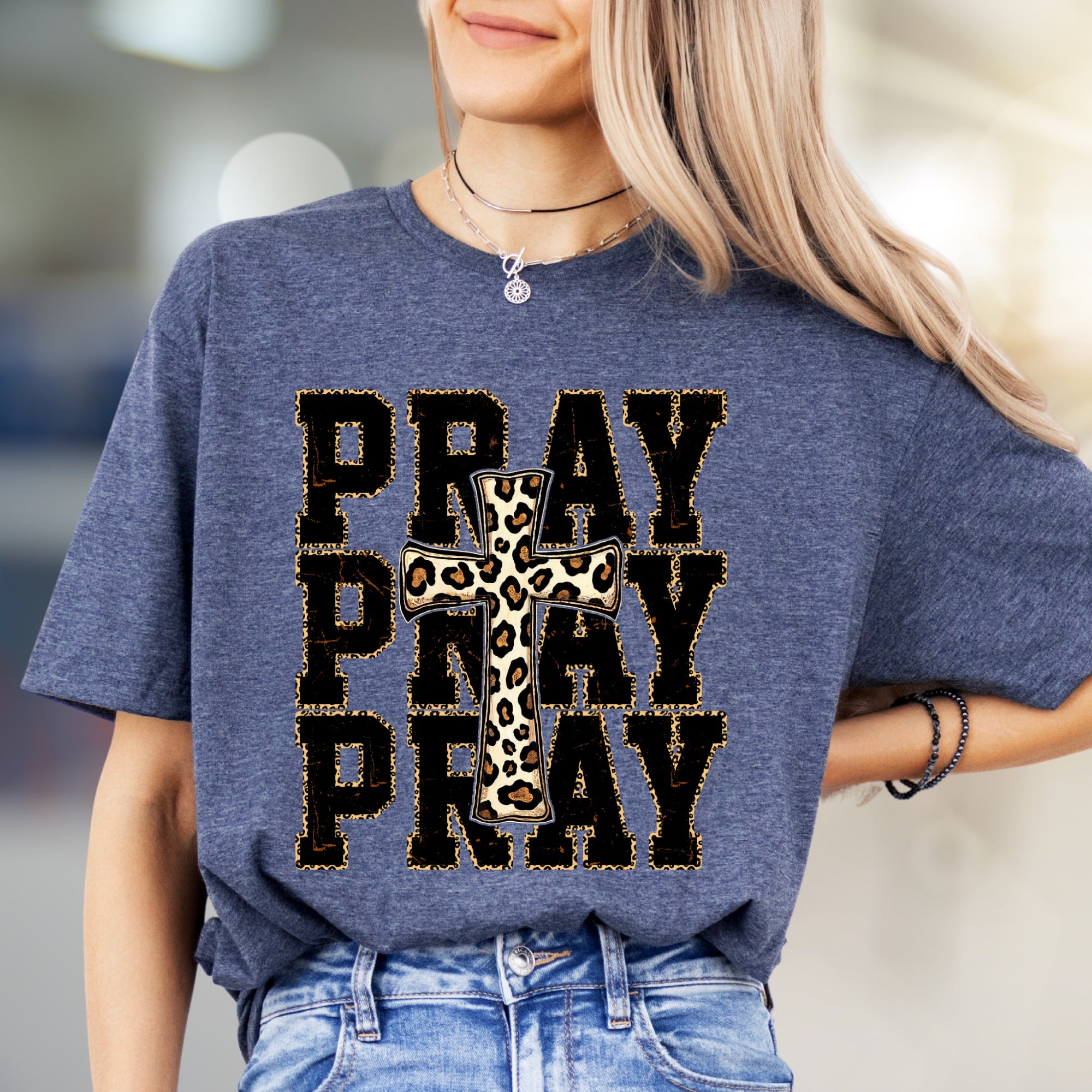 "PRAY" Leopard Print Cross Graphic Tee, a Faith-Inspired Western Pick for Her