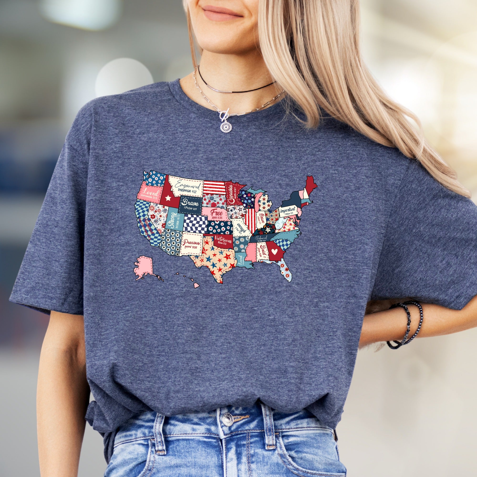 "Loved. Empowered. Brave." Christian Patchwork USA Graphic Tee, a Faith-Inspired Pick for Believers