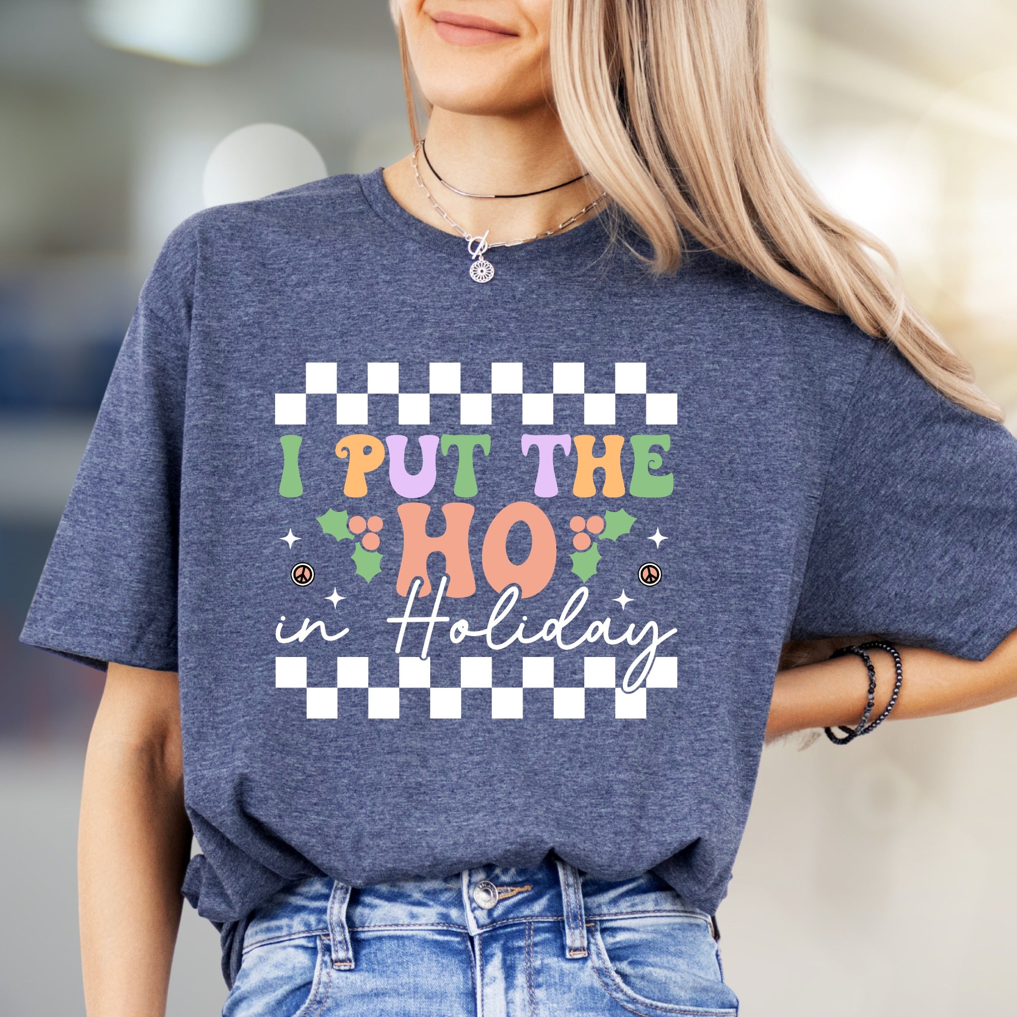 "I Put The Ho In Holiday" Checkerboard Graphic Tee, a Fun & Festive Statement