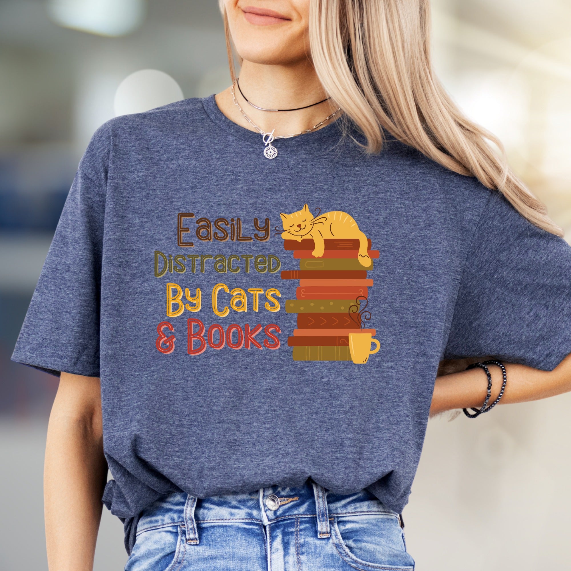 "Easily Distracted By Cats & Books" Cozy Reader Graphic Tee, a Feline Fan Pick for Book Lovers