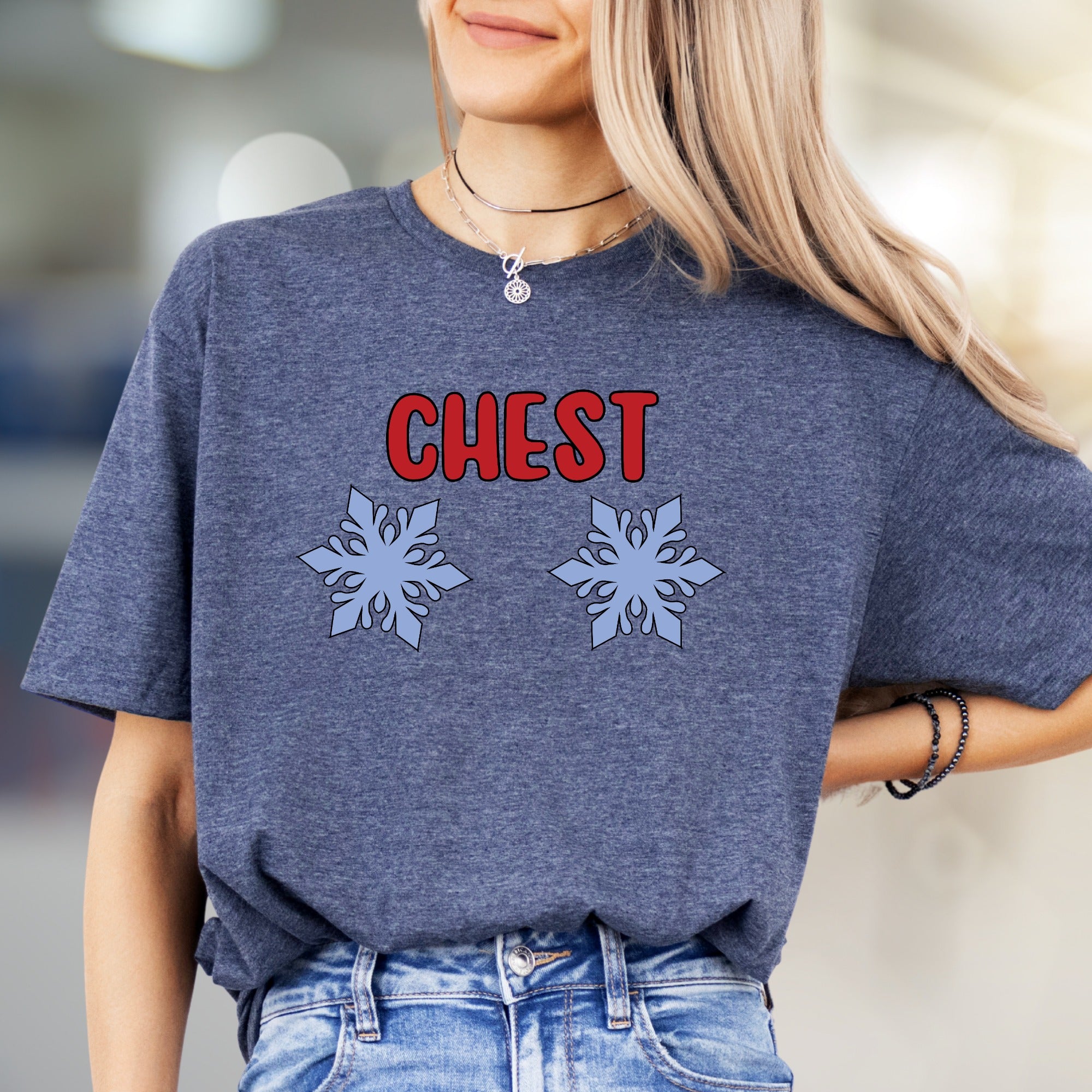 "CHEST" Snowflake Humor Graphic Tee, a Witty Winter Pick for Fun Lovers