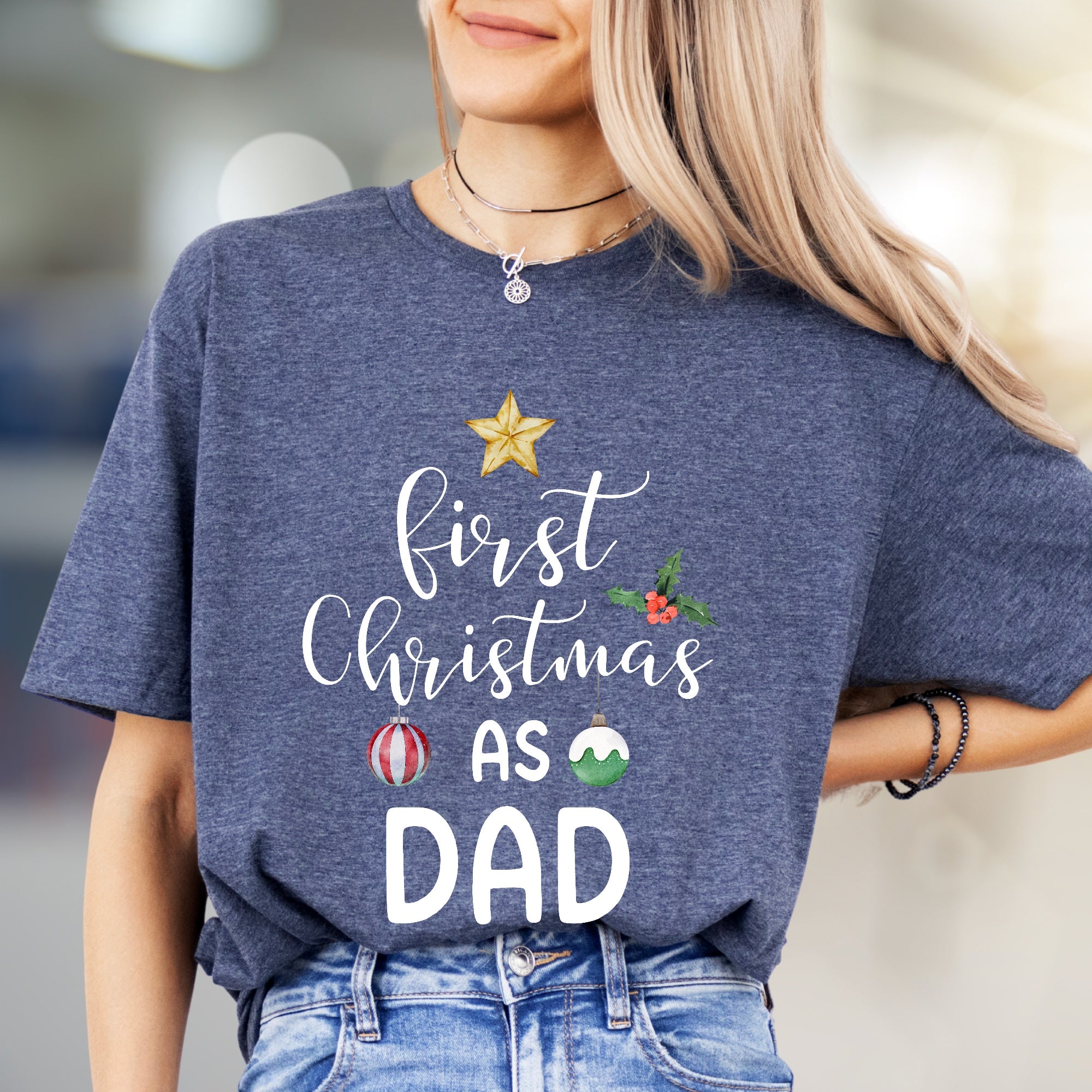 "First Christmas As Dad" Festive Graphic Tee, a New Dad's Holiday Pick