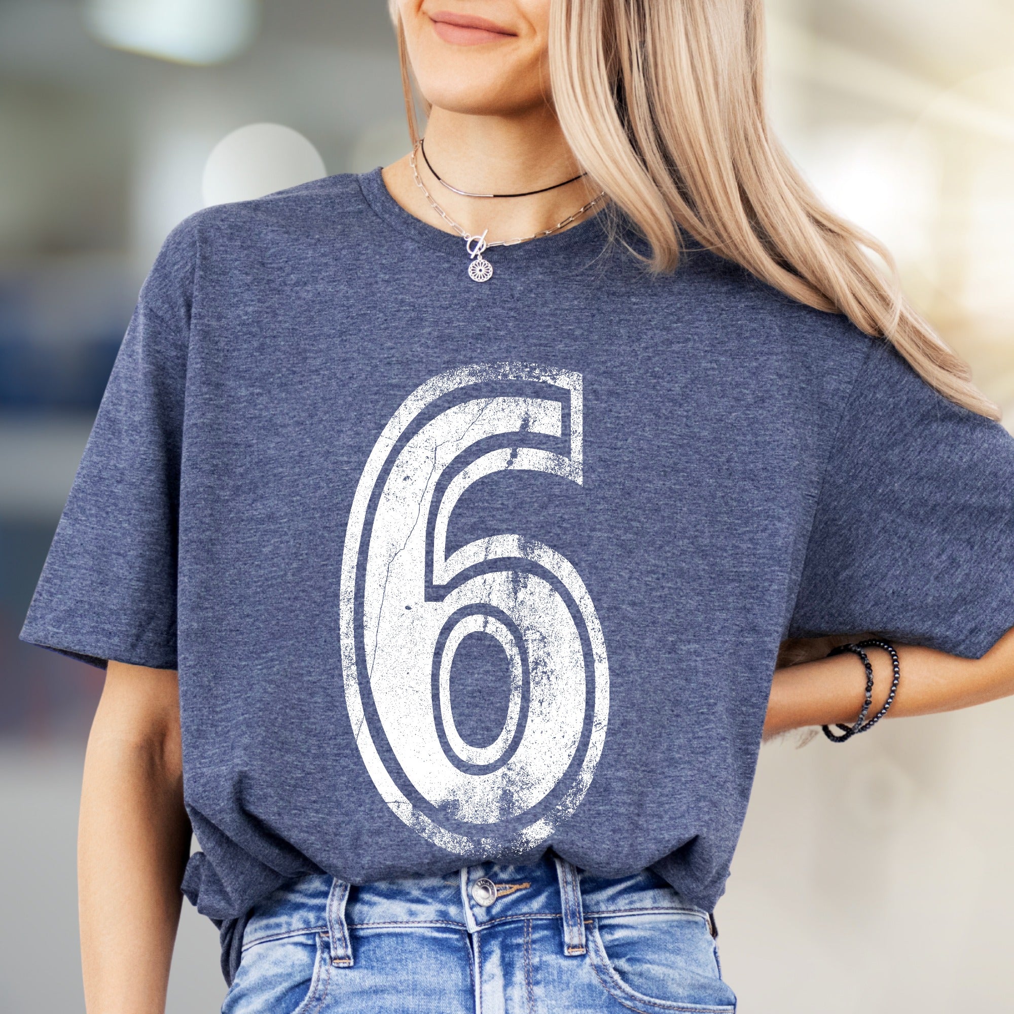 "6" Distressed Number Graphic Tee, a Bold Sporty Pick for Anyone