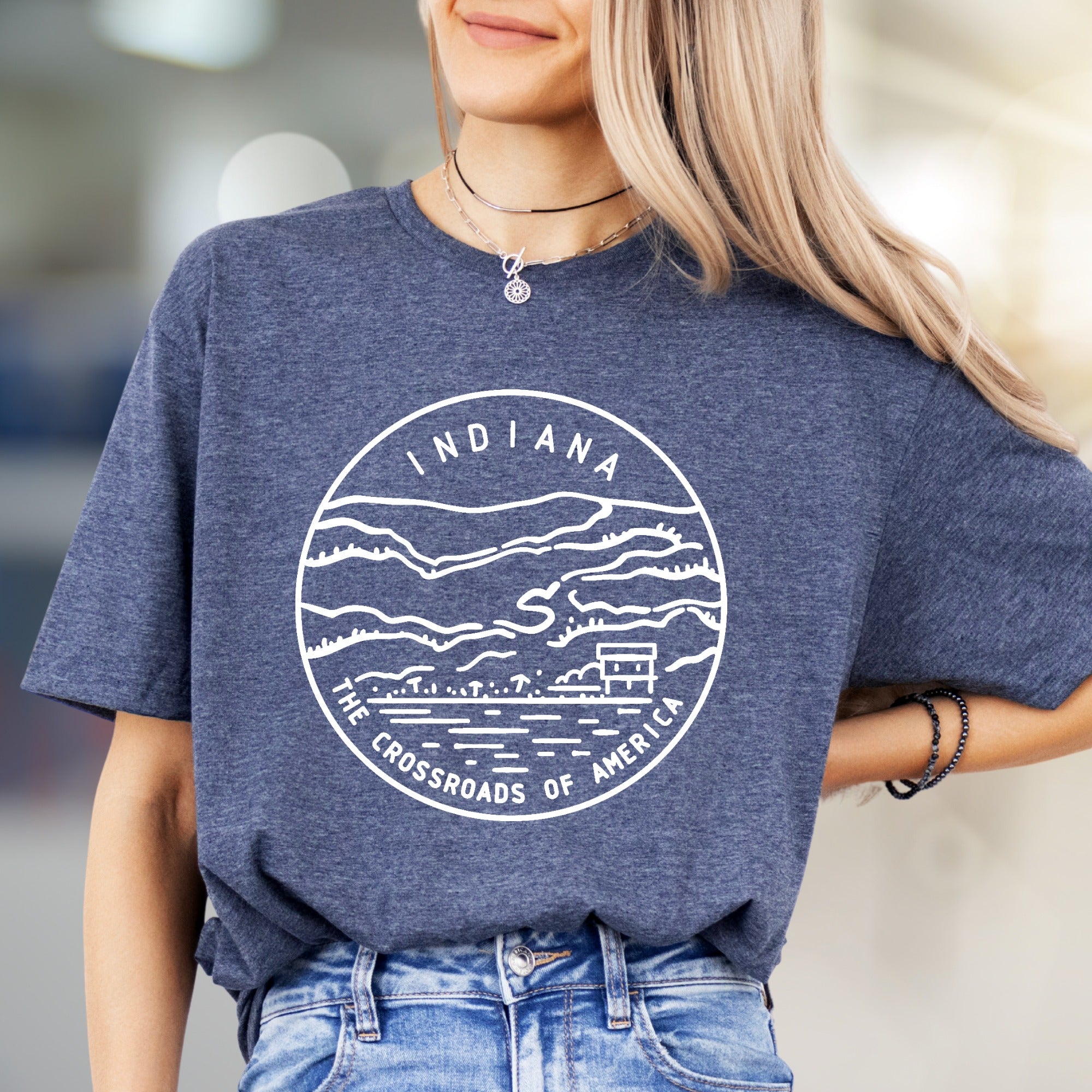 "Indiana The Crossroads of America" Retro Scenic Graphic Tee, a State Pride Pick for Travelers
