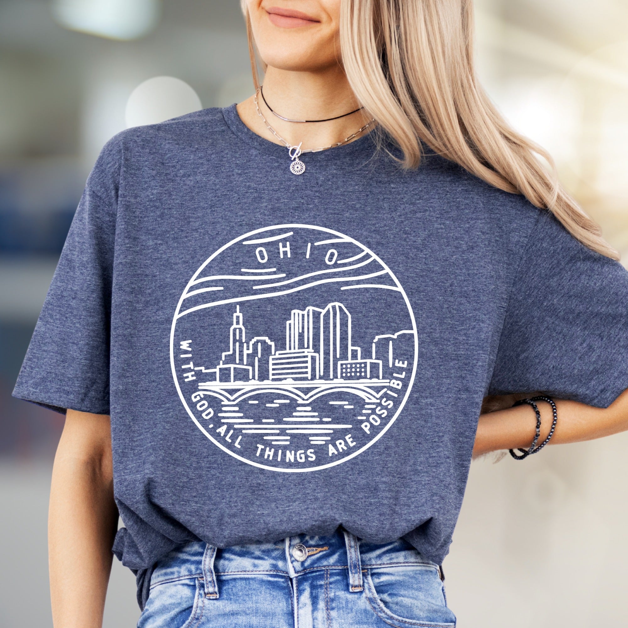 "With God, All Things Are Possible" Ohio Cityscape Graphic Tee, a Faith-Inspired Local Pick for Believers