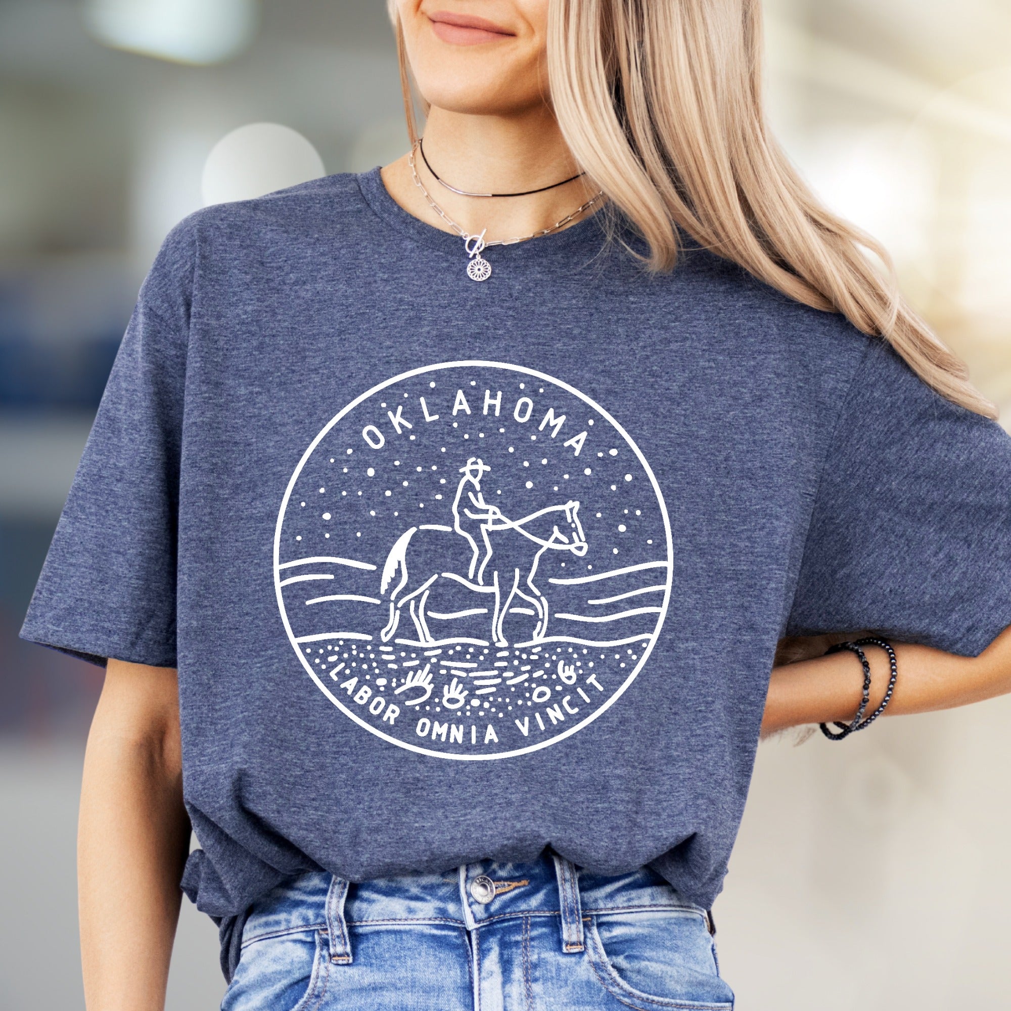 Oklahoma Labor Omnia Vincit Horse Rider & Stars Graphic Tee, a Western Enthusiast Pick for Casual Wearers