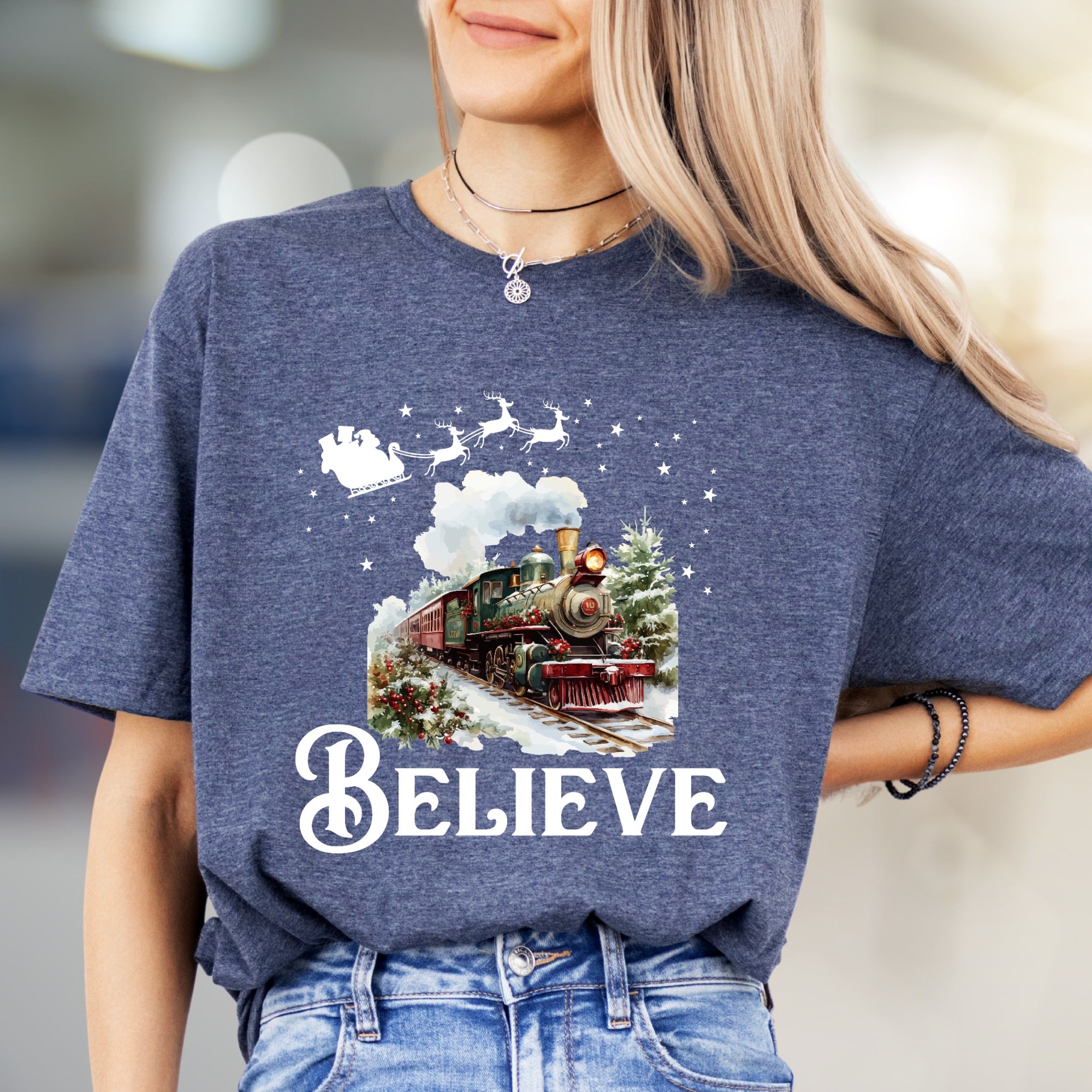 "BELIEVE" Christmas Train Graphic Tee, a Winter Wonderland Pick for Holiday Enthusiasts
