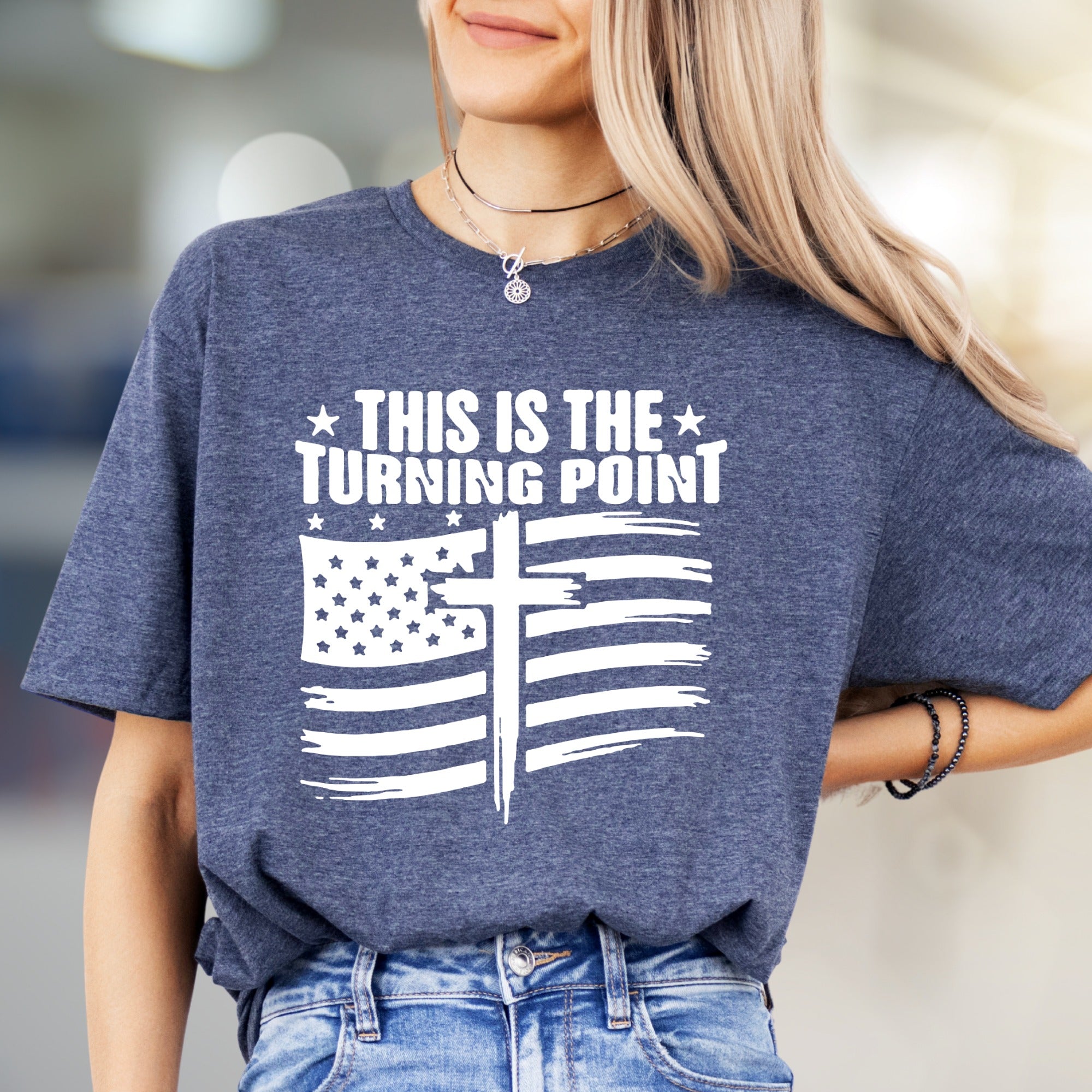"THIS IS THE TURNING POINT" American Flag Cross Graphic Tee, a Faith-Inspired Statement