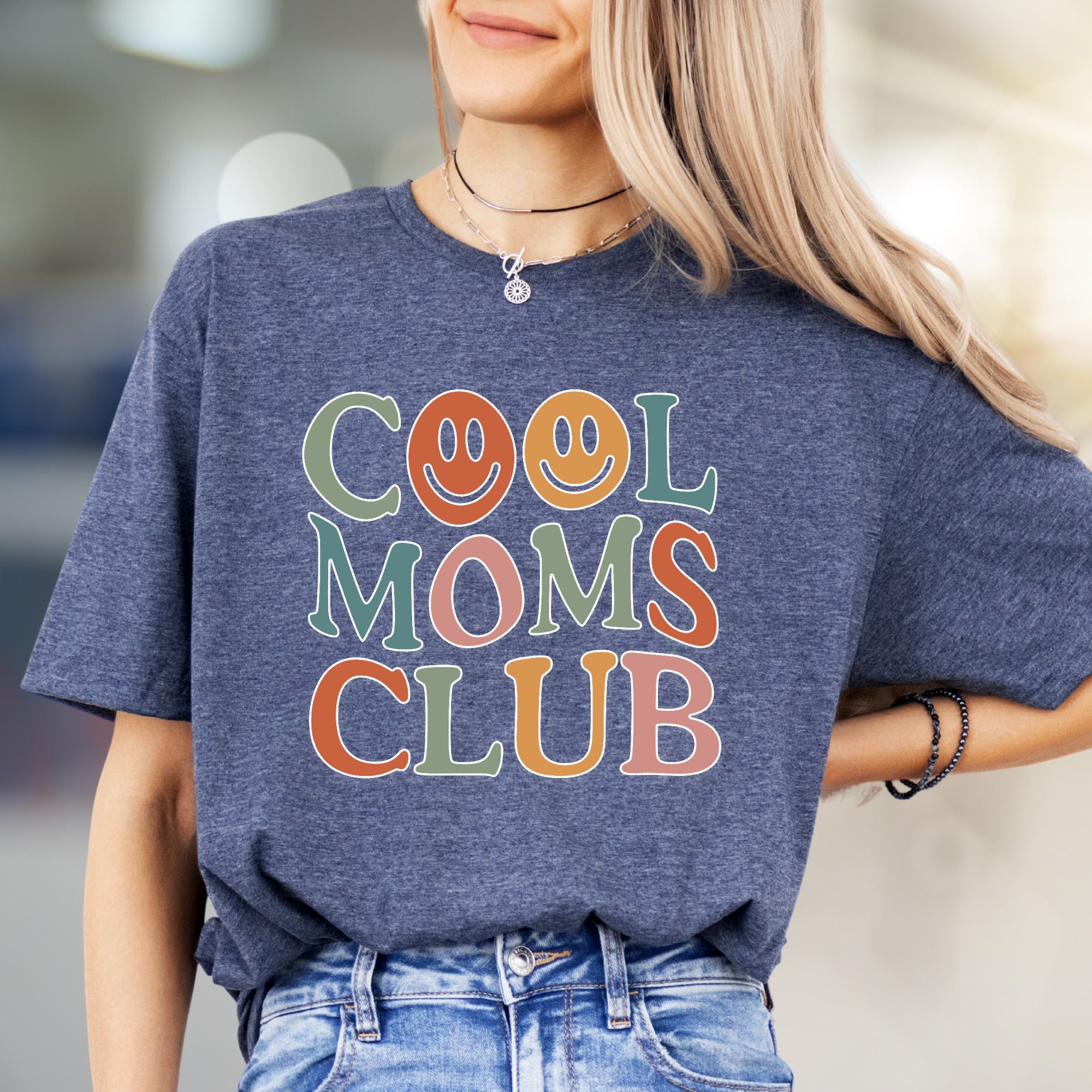 "COOL MOMS CLUB" Retro Smiley Face Graphic Tee, a Trendy Mom Pick for Her