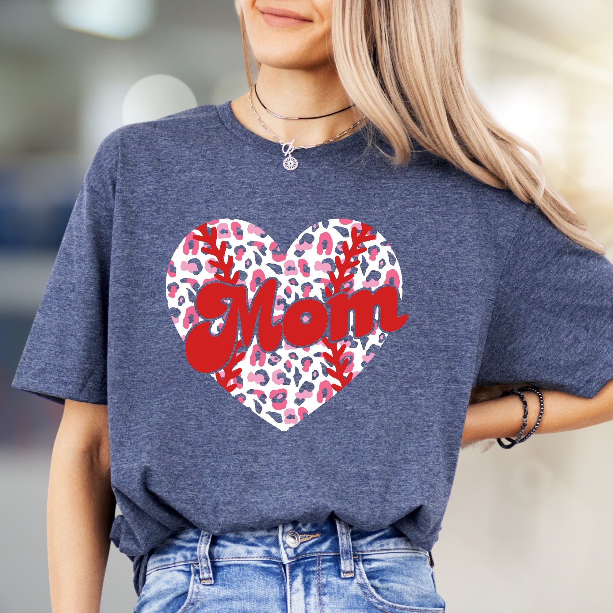 Mom Leopard Print Heart Baseball Graphic Tee, a Trendy Statement for Her