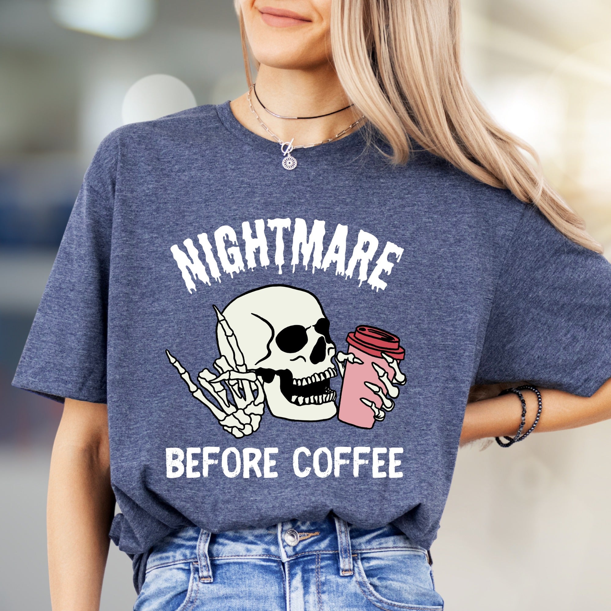 "NIGHTMARE BEFORE COFFEE" Humorous Skeleton Graphic Tee, a Witty Statement for Coffee Lovers