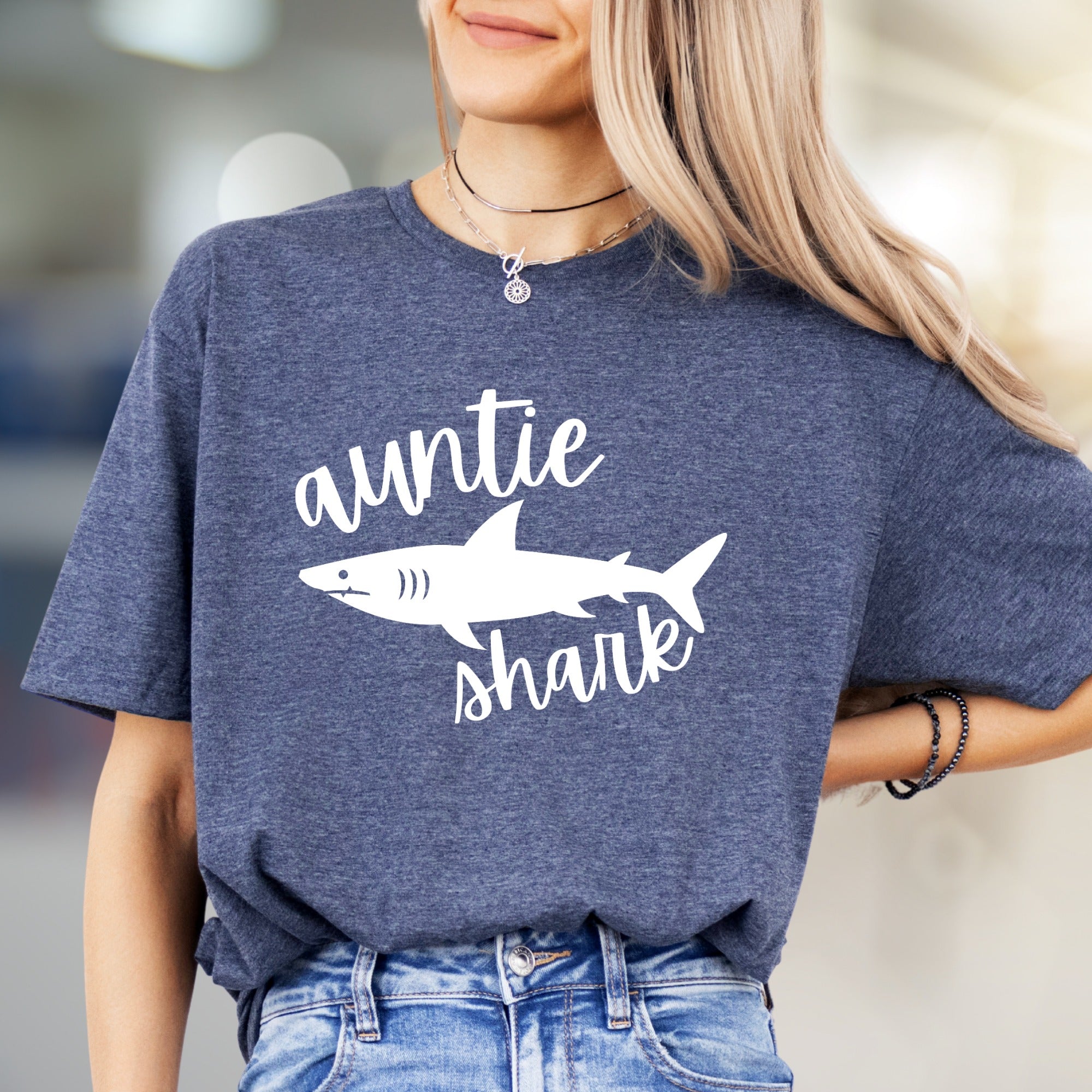 "Auntie Shark" Ocean Fun Graphic Tee, a Family Love Pick for Cool Aunts