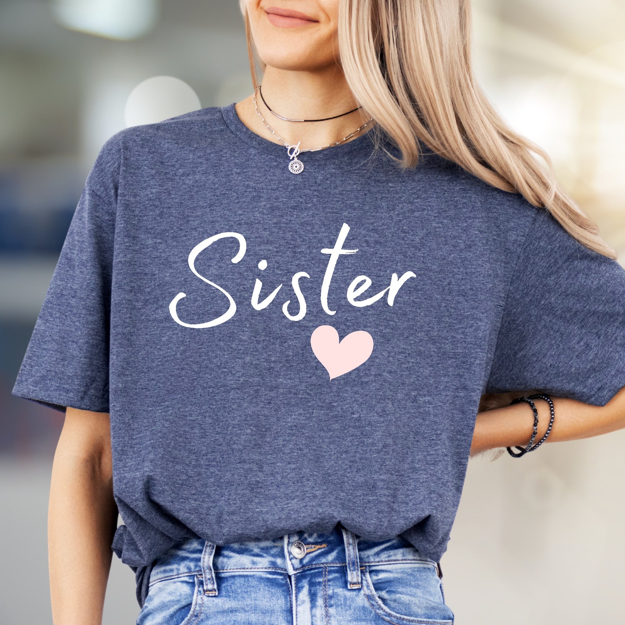 "Sister" Heart Script Graphic Tee, a Loving Pick for Family Bonds