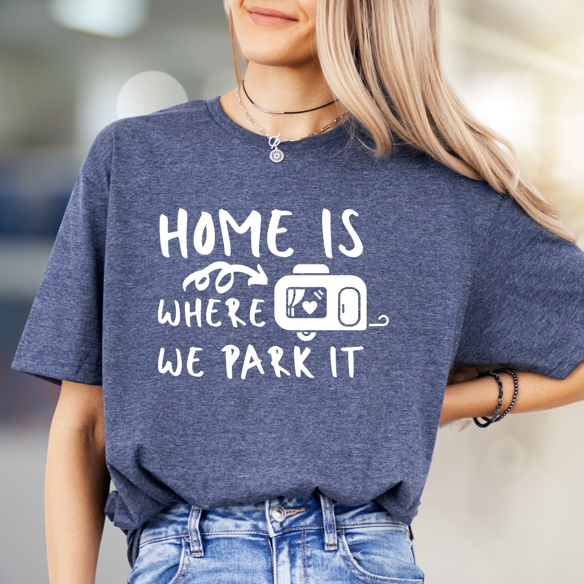 "HOME IS WHERE WE PARK IT" Camper Graphic Tee, A Laid-Back Travel Shirt for RV Lovers