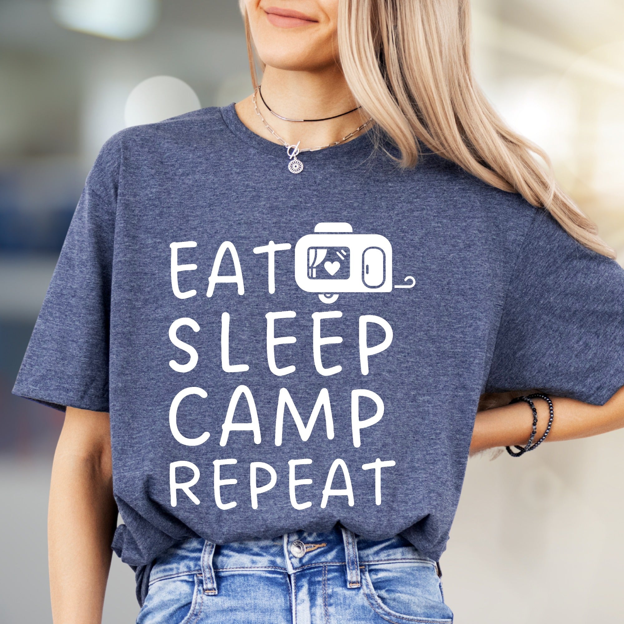 "EAT SLEEP CAMP REPEAT" Camper Graphic Tee, a Outdoorsy Pick for Enthusiasts