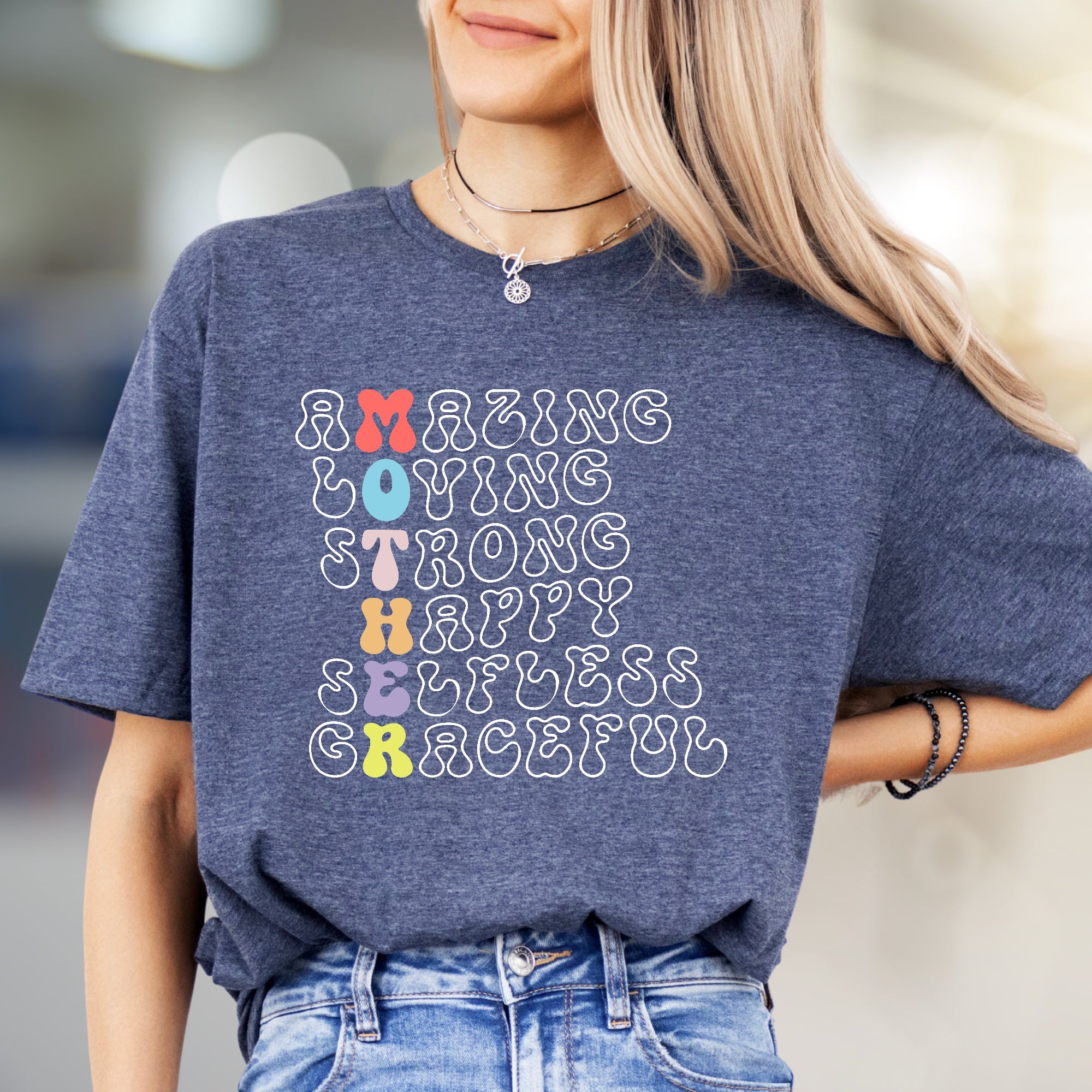 "Amazing Loving Strong Happy Selfless Graceful" Motherhood Graphic Tee, a Heartfelt Pick for Moms