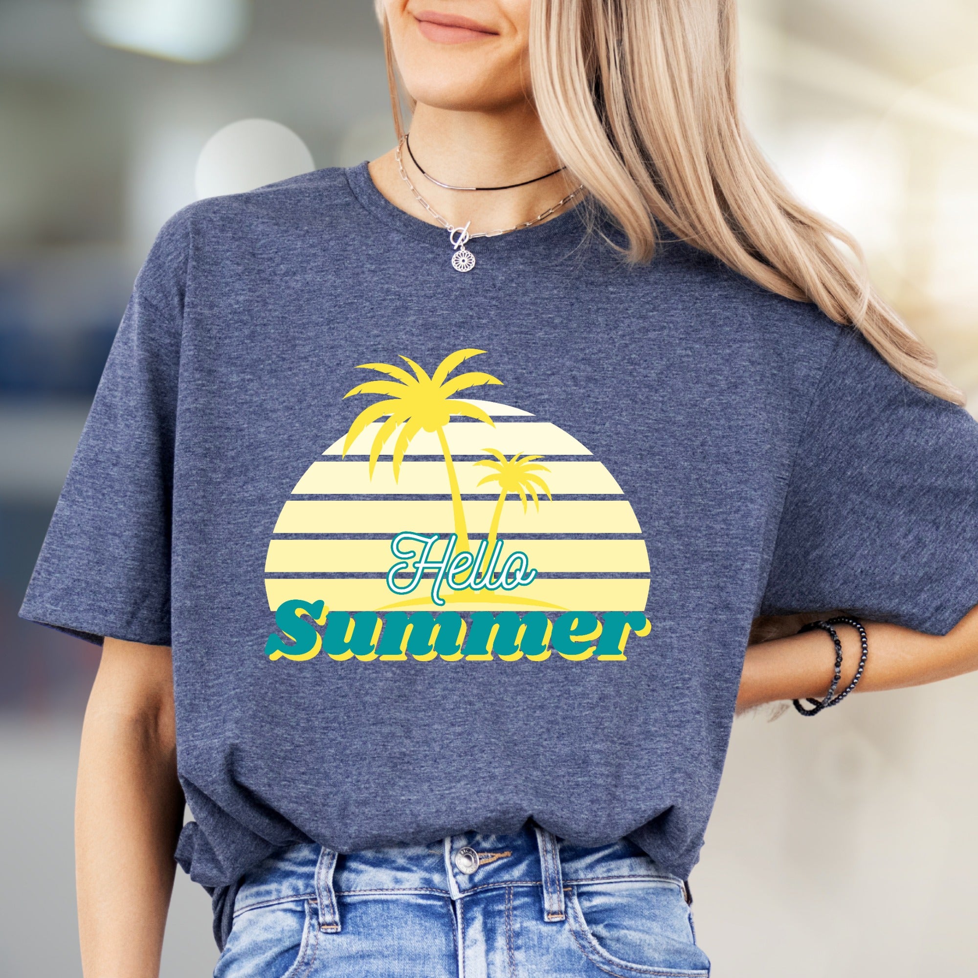 "Hello Summer" Tropical Sunset Graphic Tee, a Vacation Vibes Pick for Beach Lovers