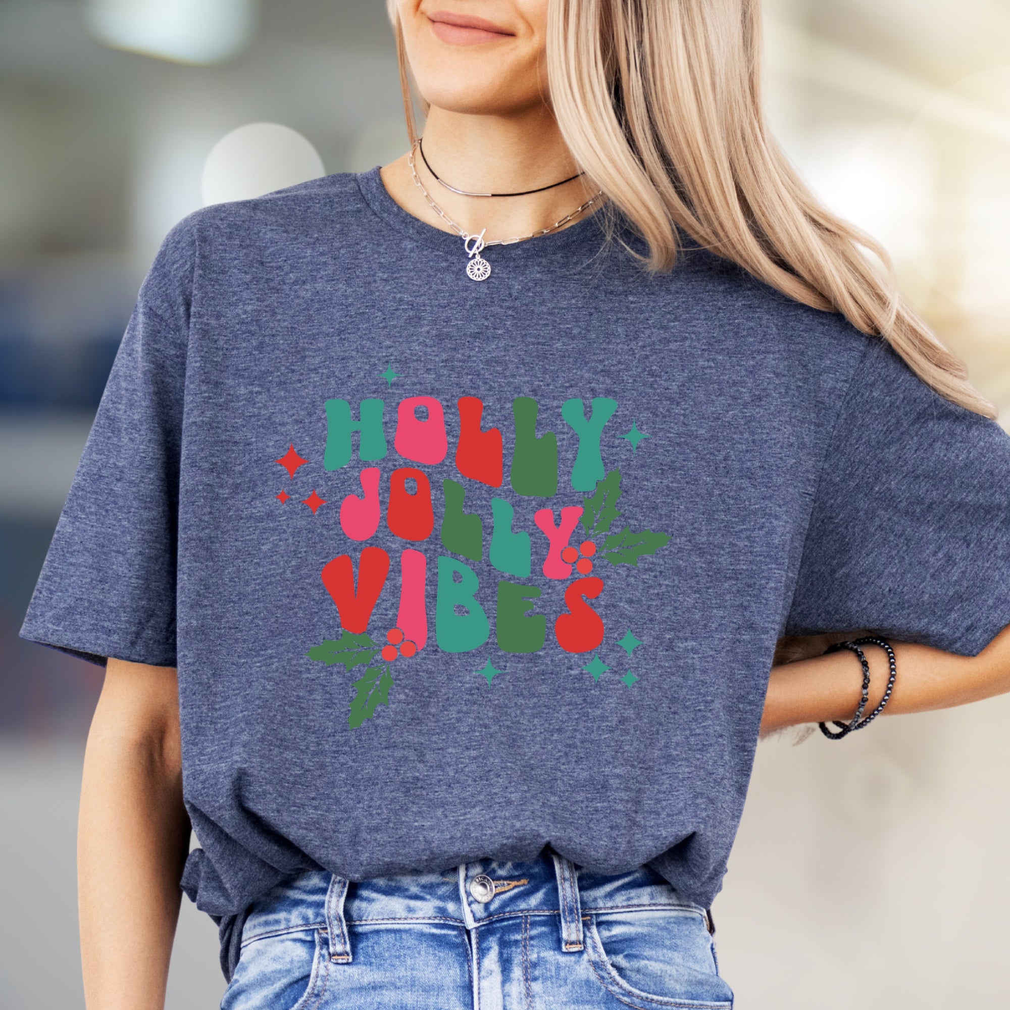 "Holly Jolly Vibes" Retro Holiday Graphic Tee, a Festive Pick for Christmas Lovers