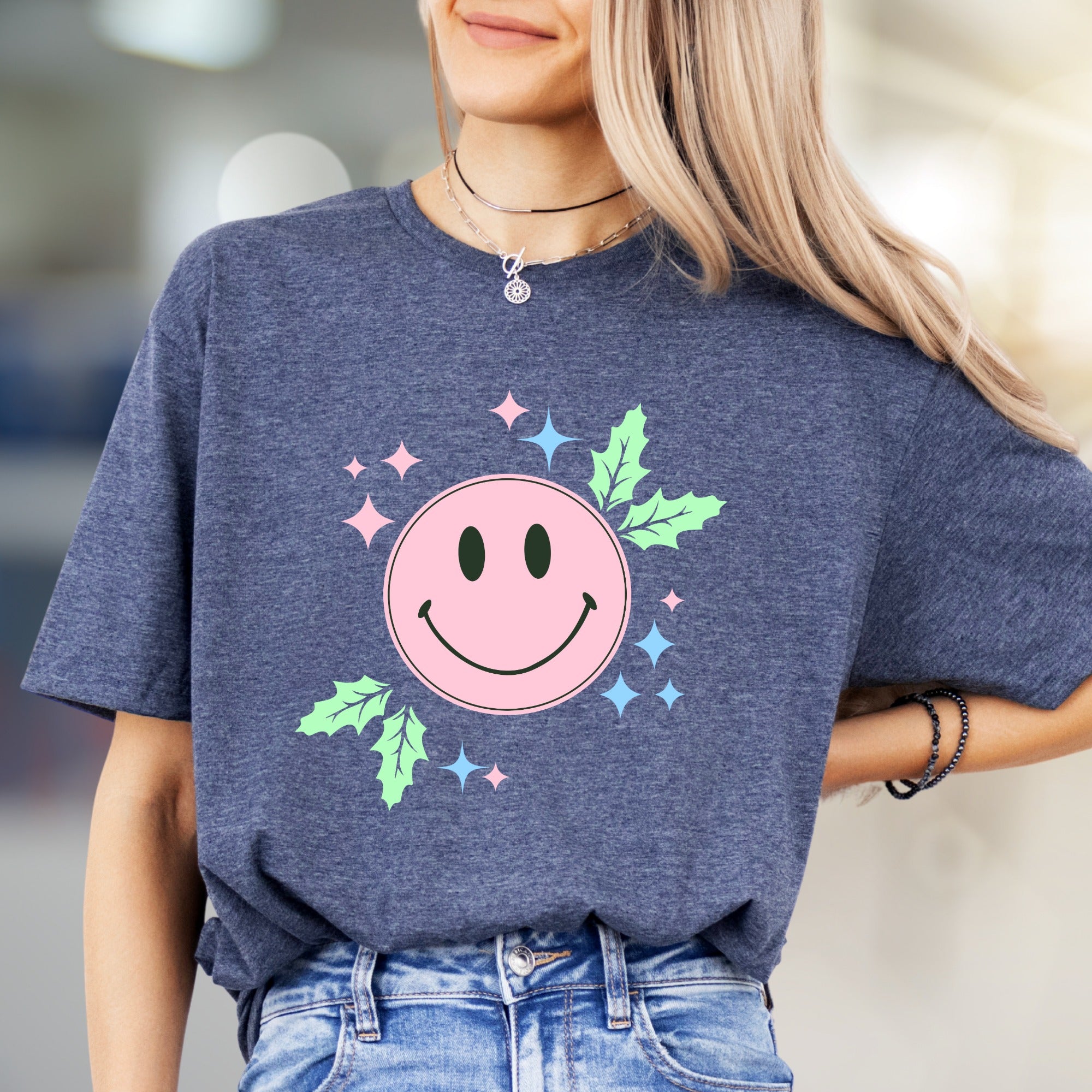 Happy Holly Jolly Smile Face Graphic Tee, a Festive Comfort Pick for Joyful Spirits