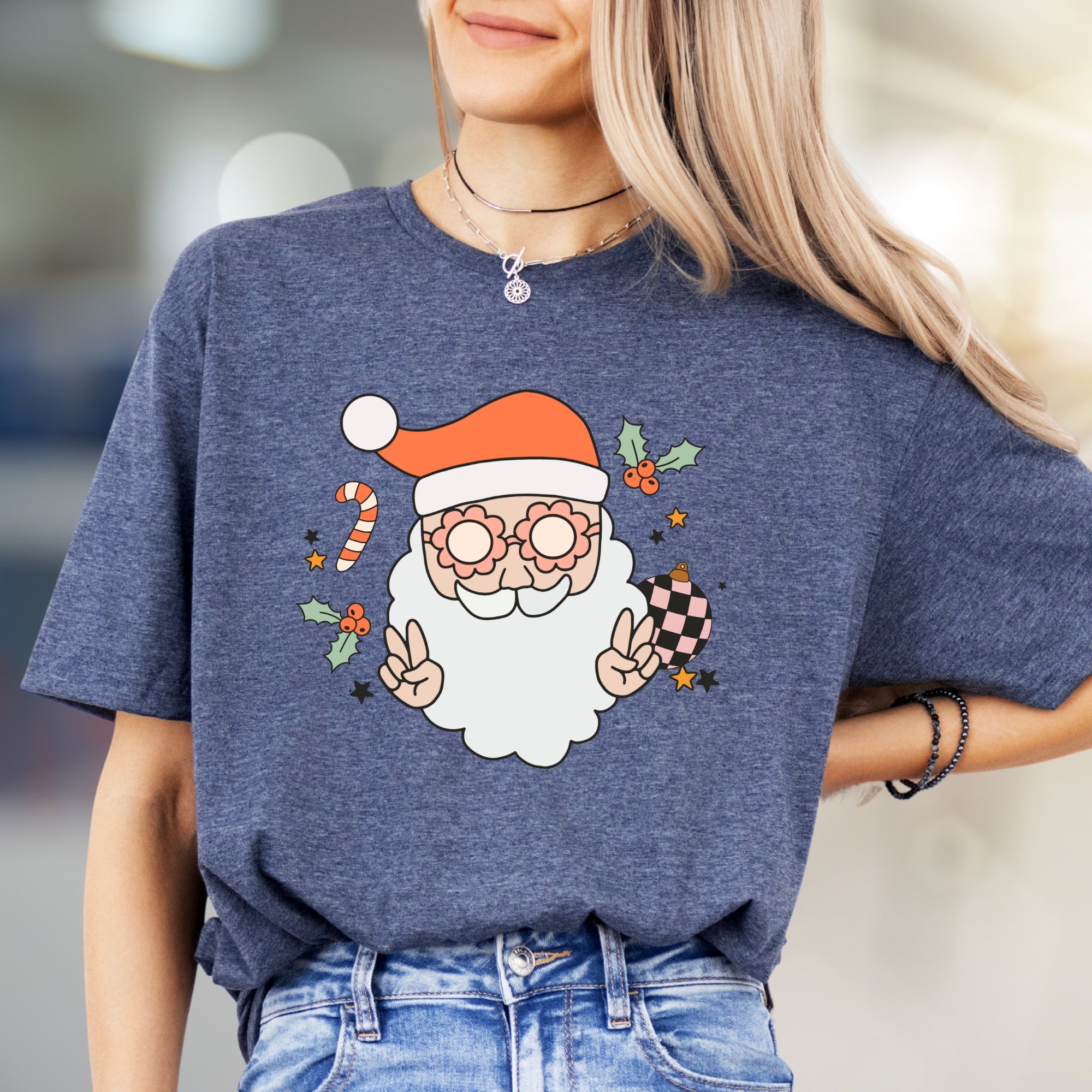 Funky Santa Peace Sign Holly Jolly Christmas Graphic Tee, a Retro Holiday Pick for Everyone