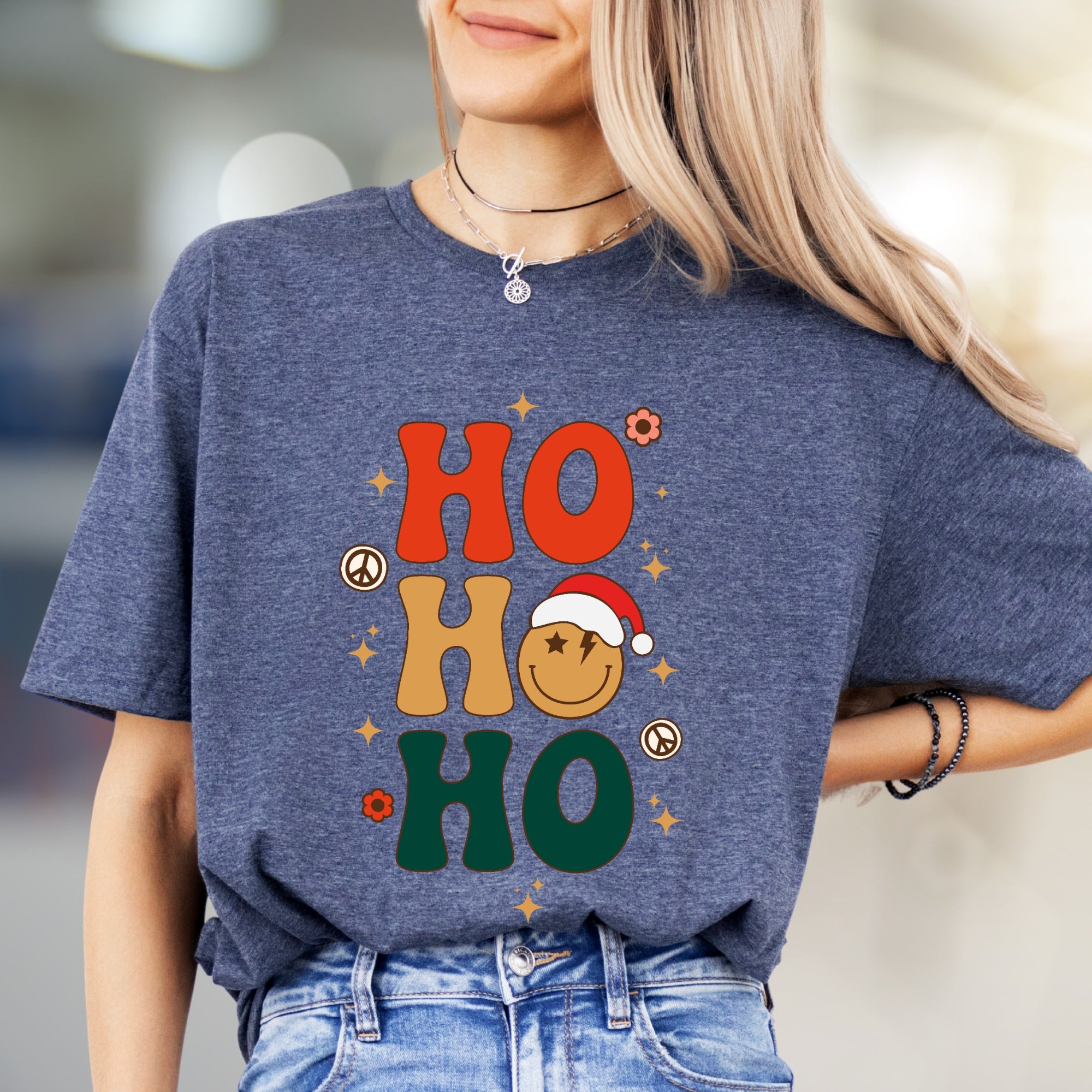 "HO HO HO" Retro Smiley Graphic Tee, a Festive Holiday Pick for Merrymakers
