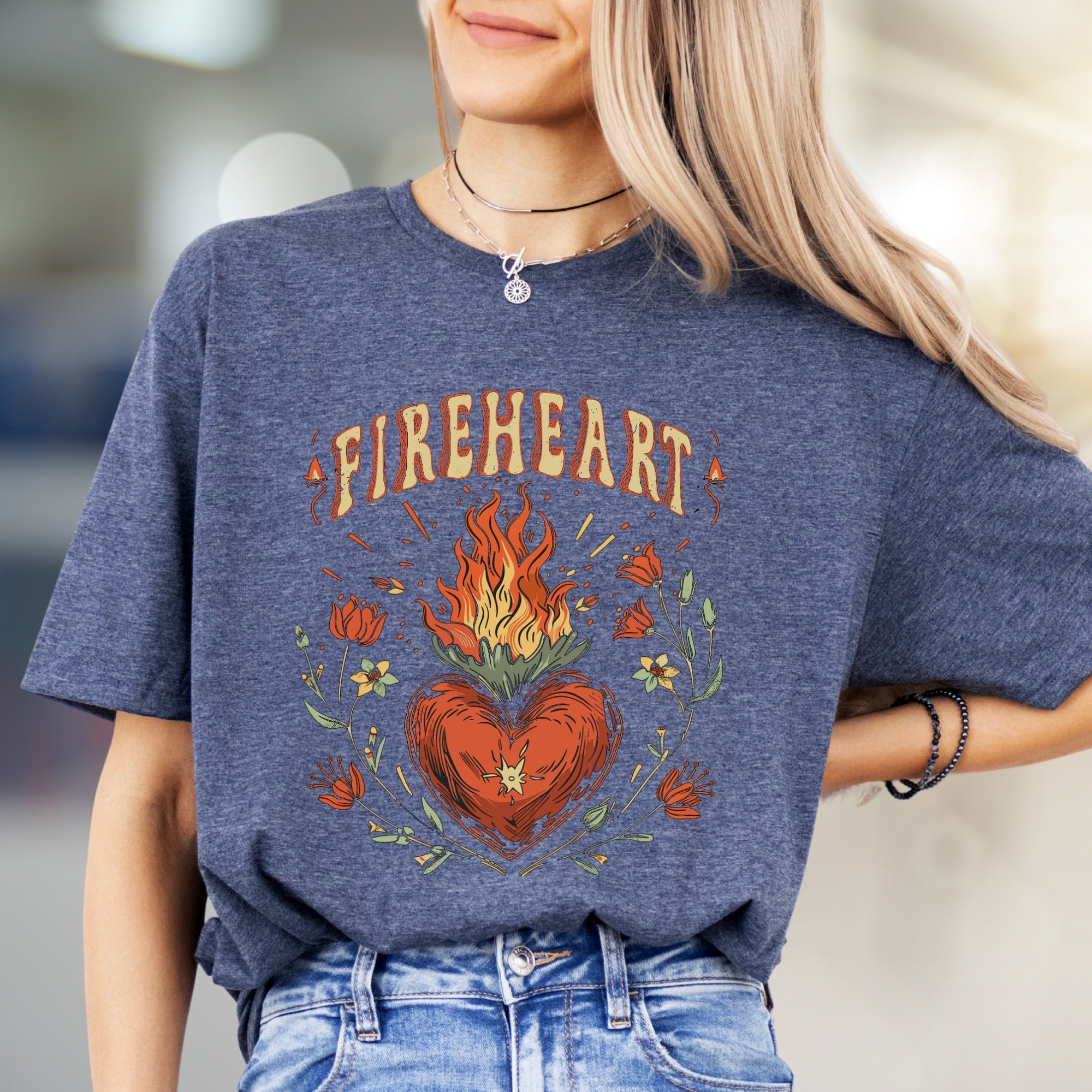 "FIREHEART" Mystical Bloom Graphic Tee, a Boho Chic Pick for Free Spirits