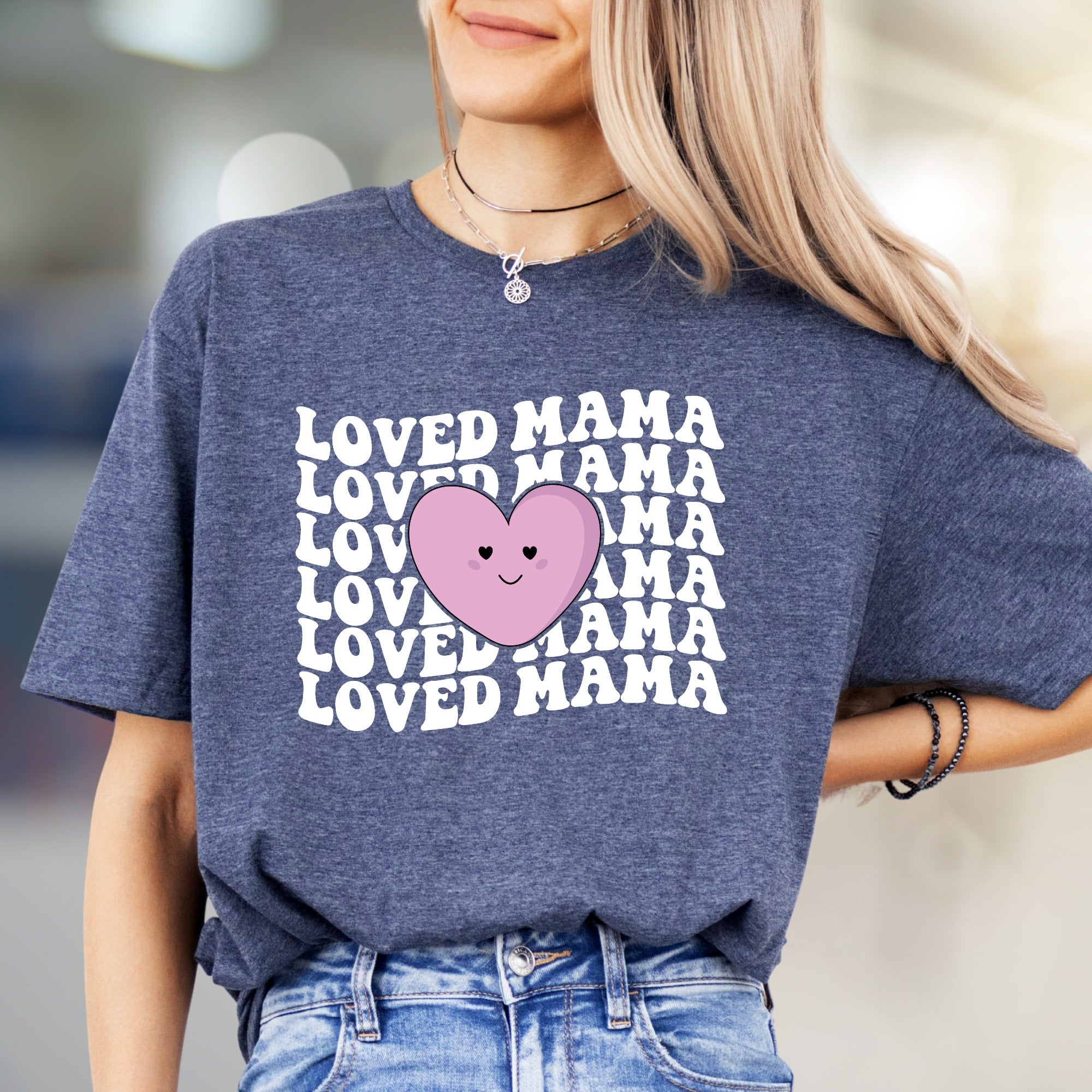 "LOVED MAMA" Retro Wavy Heart Graphic Tee, a Sweet Mother's Day Pick for Her