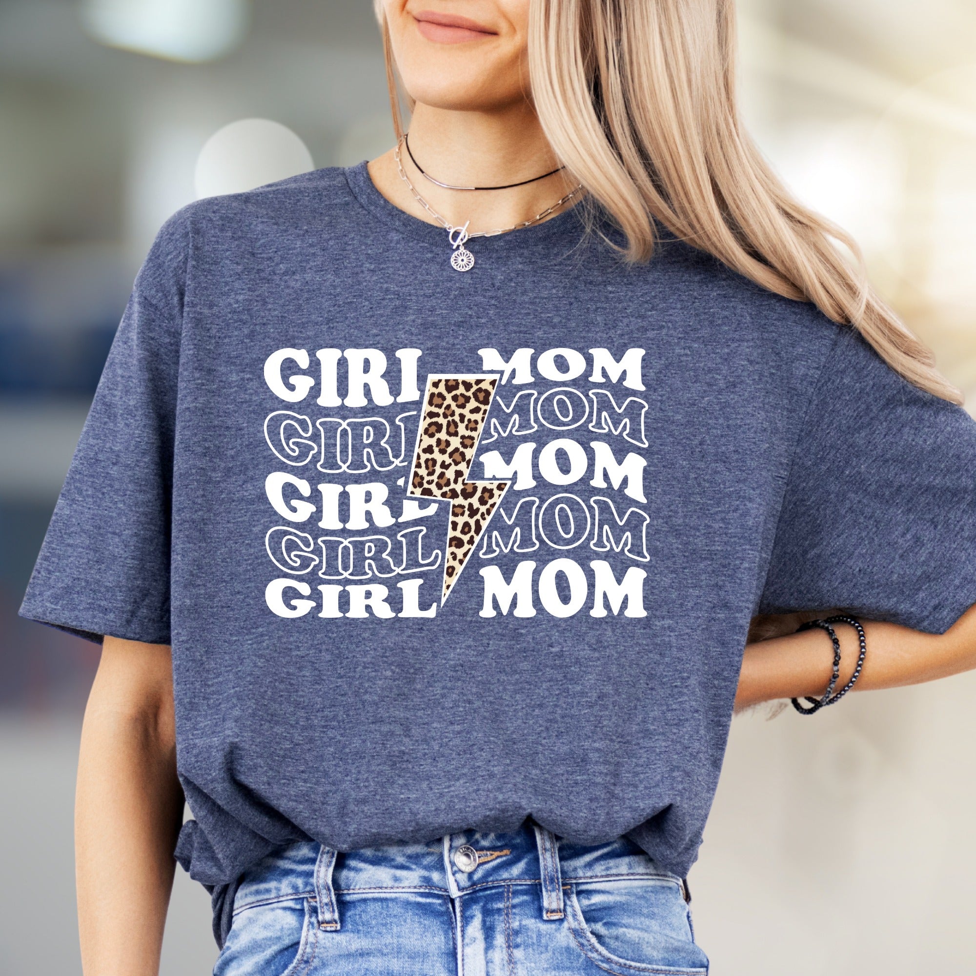 "GIRL MOM" Leopard Lightning Bolt Graphic Tee, a Strong Mama Pick for Everyday Wear